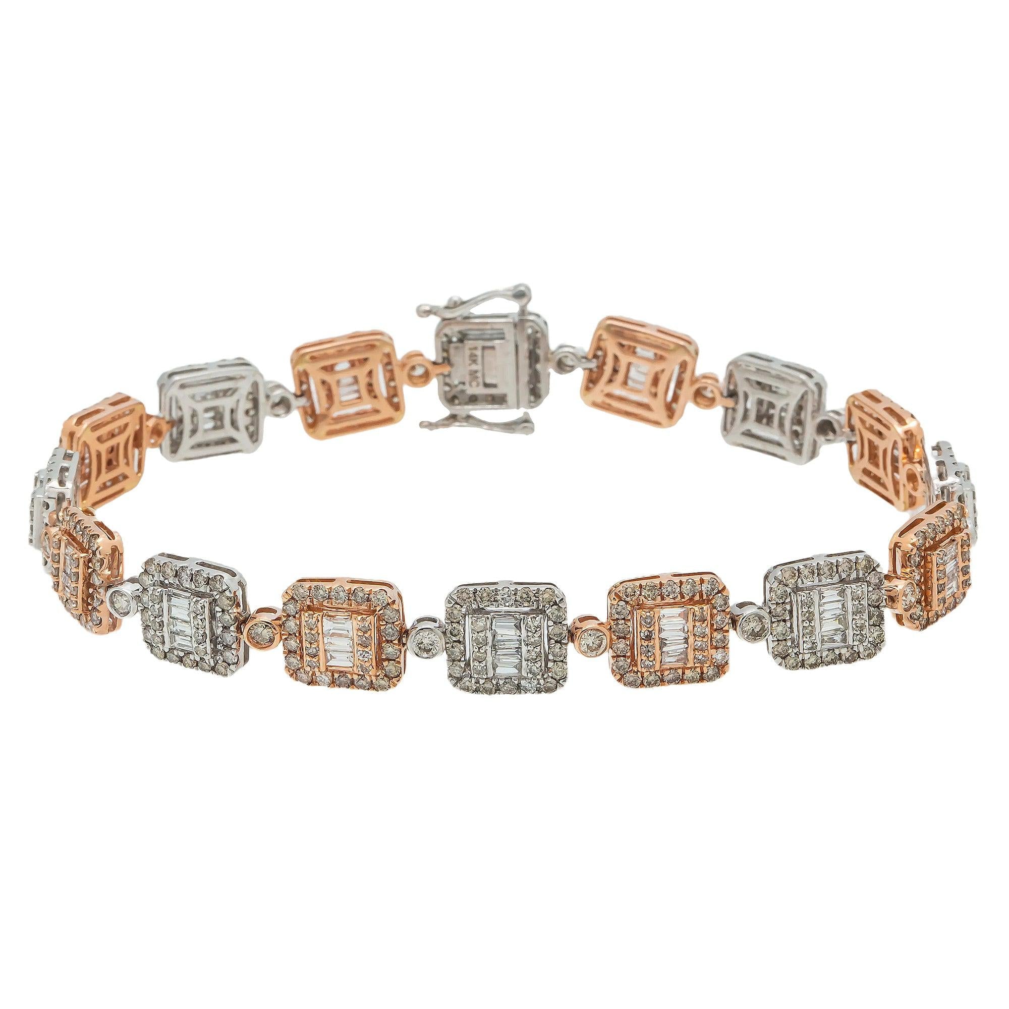 14K GOLD BAGUETTE DIAMONDS SQUARE SHAPE TWO TONE BRACELET 8.64 CT