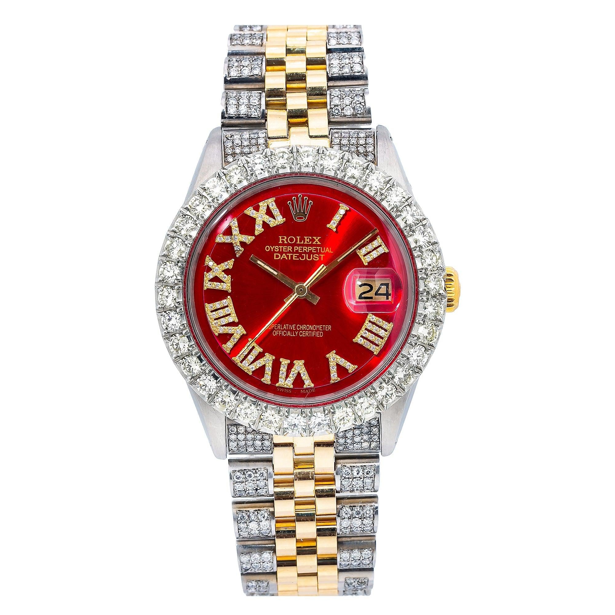 Rolex Datejust 36MM 1601 Red Roman Dial Diamond Bezel Two Tone Semi Diamond Jubilee Bracelet