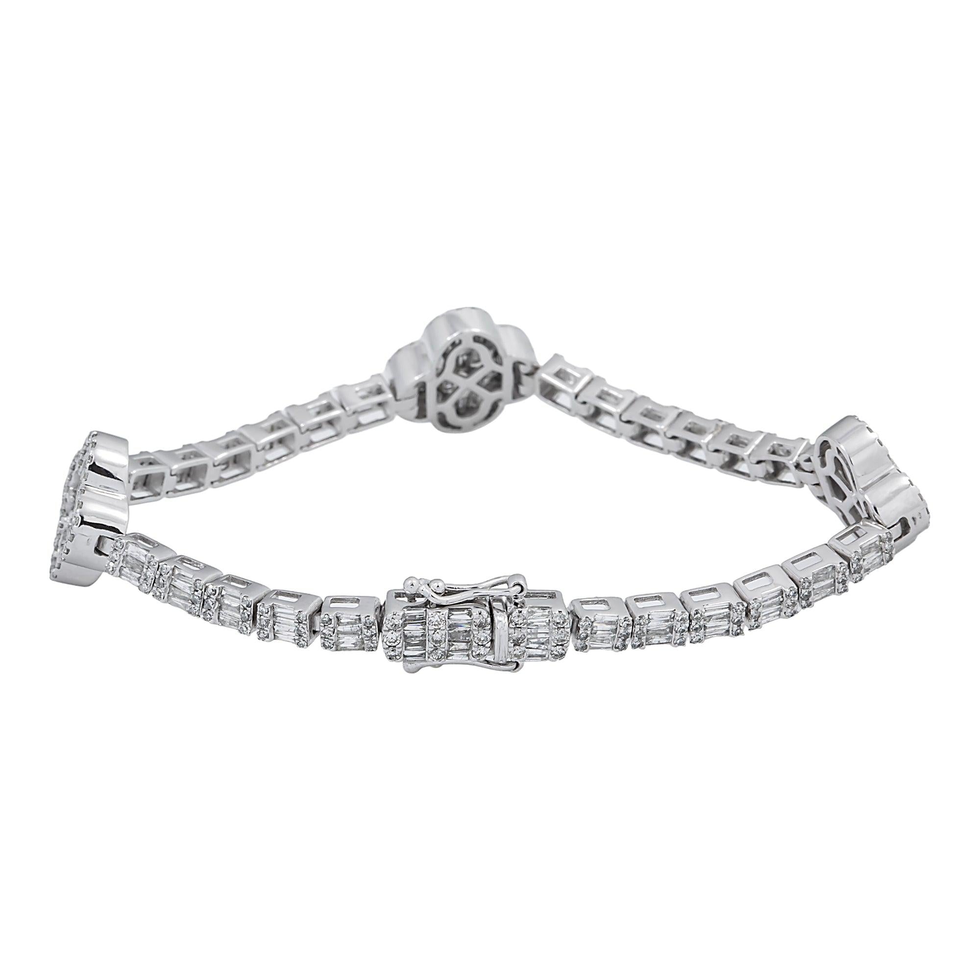 10K GOLD ROUND AND BAGUETTE DIAMOND CLOVER TENNIS BRACELET 4.50 CT