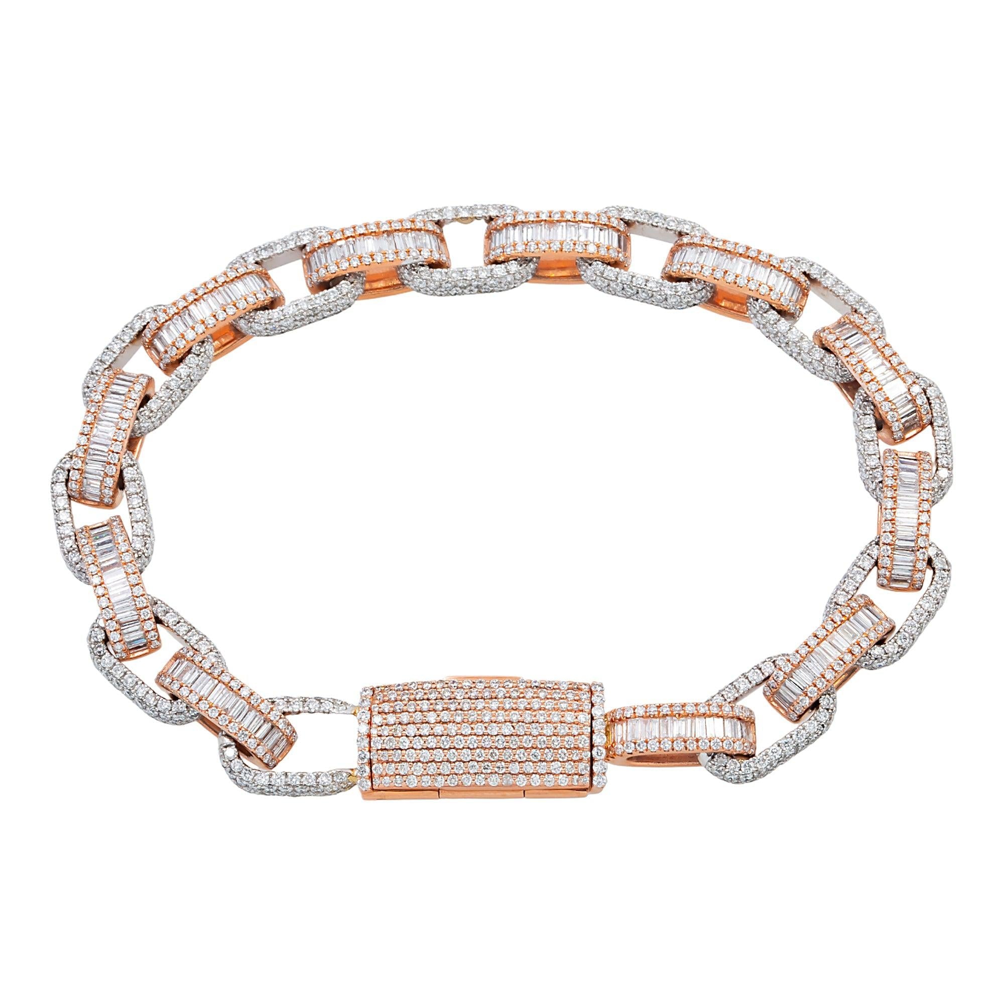 10K GOLD TWO TONE ROUND AND BAGUETTE DIAMOND ROLO BELCHER CHAIN BRACELET 9.75 CT