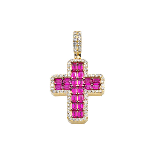 14K GOLD ROUND AND BAGUETTE DIAMOND AND RUBY GEMSTONE CROSS PENDANT 5.00 CTW