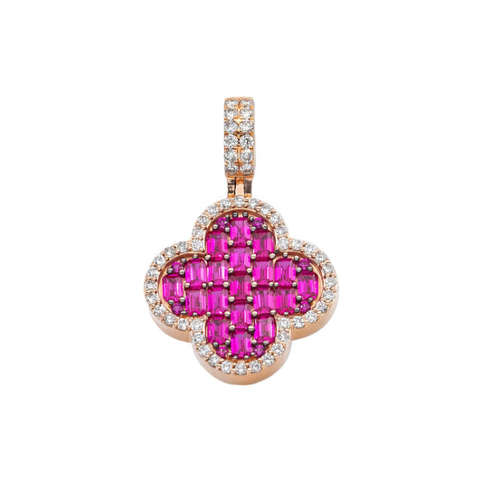 14K GOLD ROUND AND BAGUETTE DIAMOND AND RUBY GEMSTONE CLOVER PENDANT 4.40 CTW
