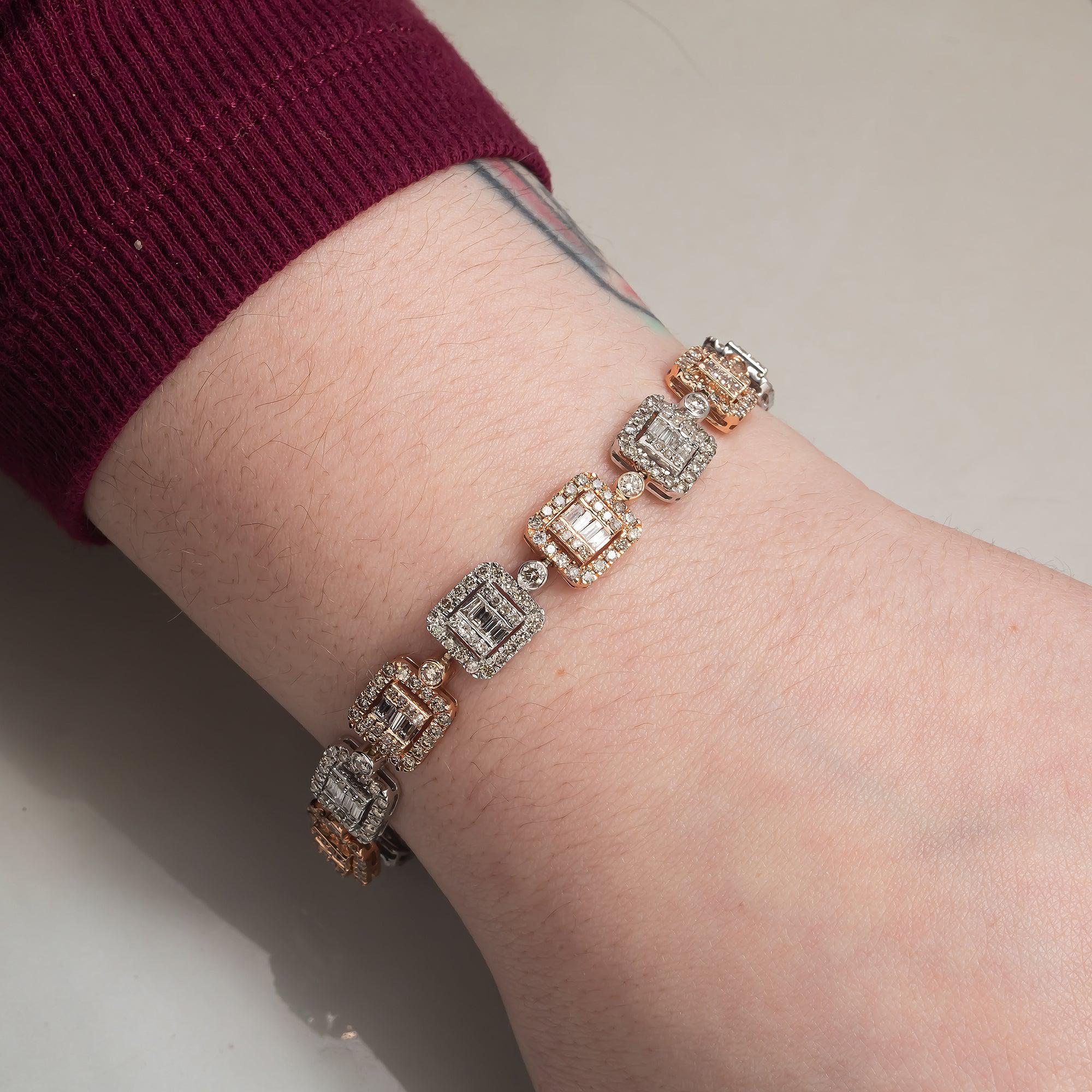 14K GOLD BAGUETTE DIAMONDS SQUARE SHAPE TWO TONE BRACELET 8.64 CT