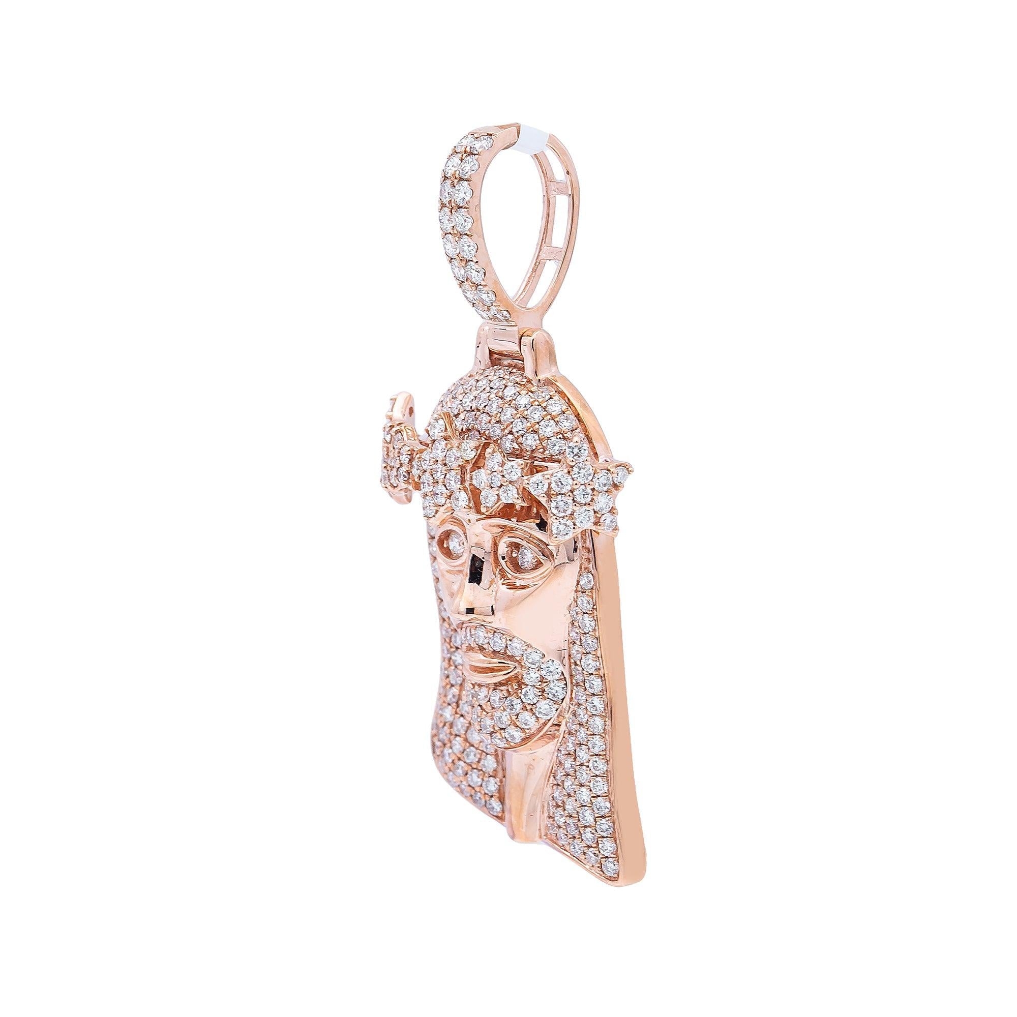 14K Rose Gold Diamond Jesus Head Pendant With 2.35CT