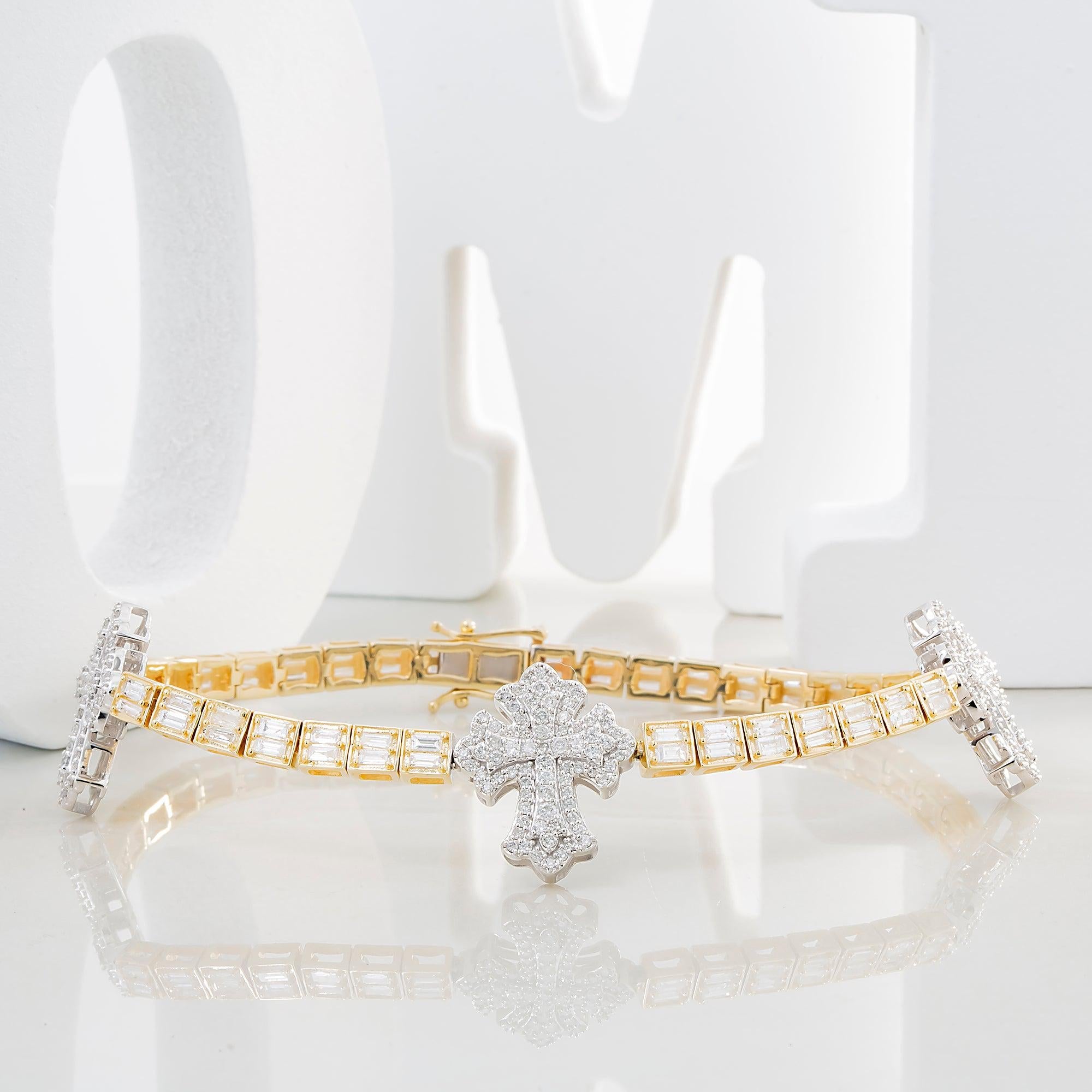 10K GOLD TWO TONE ROUND AND BAGUETTE DIAMONDS CROSS BRACELET 3.75 CT