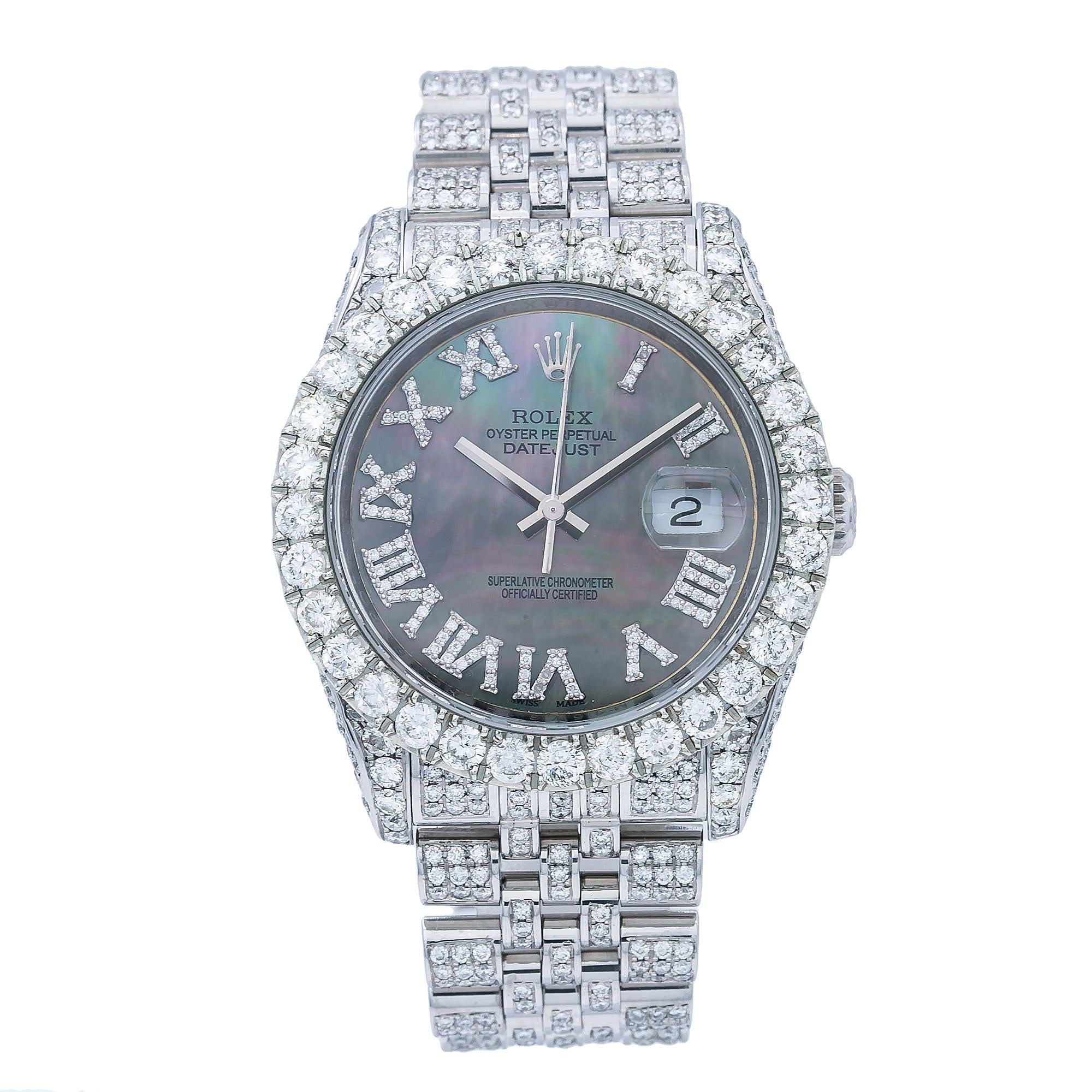Rolex Datejust 36MM 116234 Black Mother of Pearl Roman Dial Diamond Bezel Full Diamond Oyster Bracelet 11.25ct