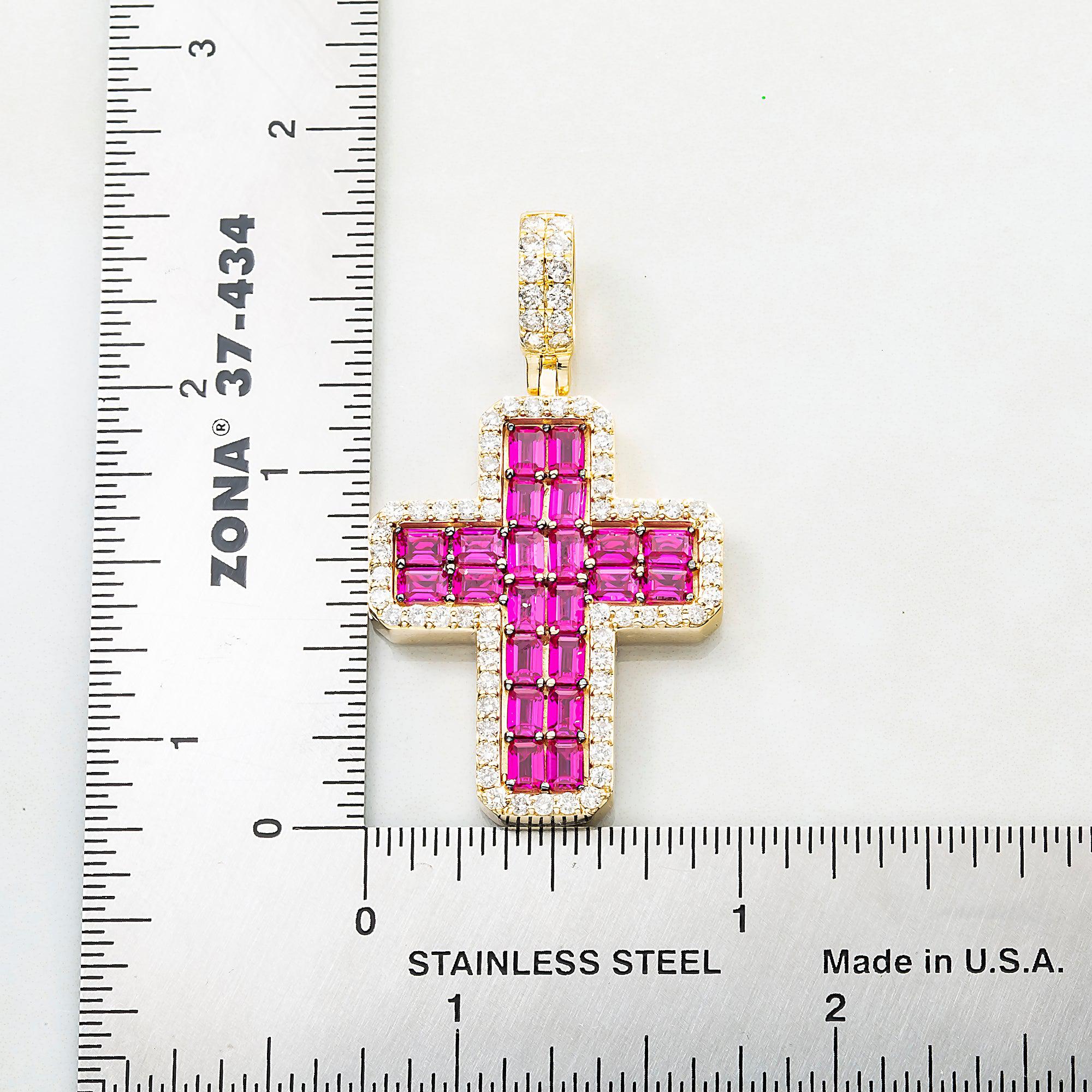 14K GOLD ROUND AND BAGUETTE DIAMOND AND RUBY GEMSTONE CROSS PENDANT 5.00 CTW