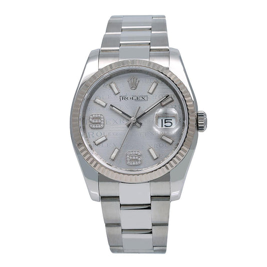 Rolex Datejust Diamond Watch, 116234 36mm, Rhodium Waves Dial Diamond on 6&9 Fluted Oyster Watch