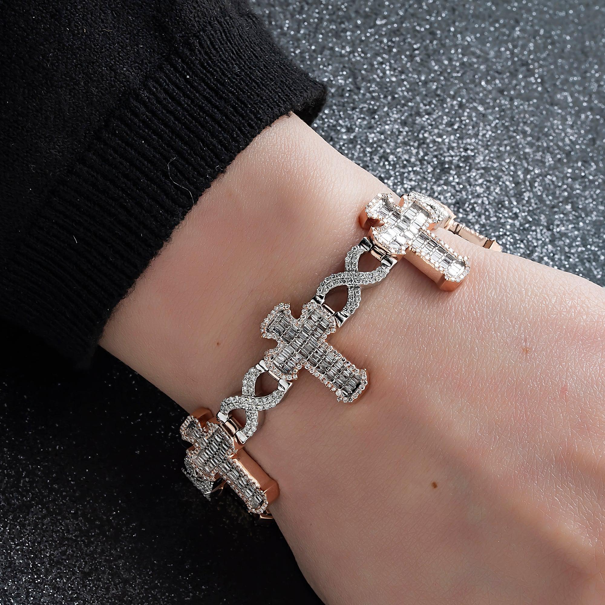 10K GOLD TWO TONE ROUND AND BAGUETTE DIAMONDS CROSS INFINITY CHAIN BRACELET 5.60 CT