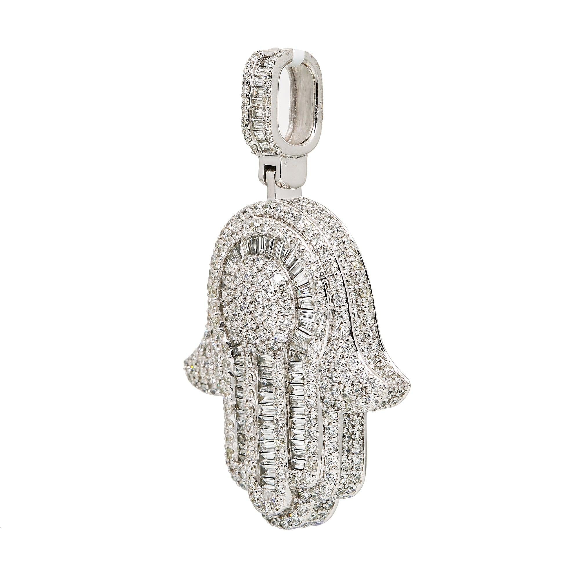 Unisex 14K White Gold Hamsa Pendant with 5.92 CT Diamonds