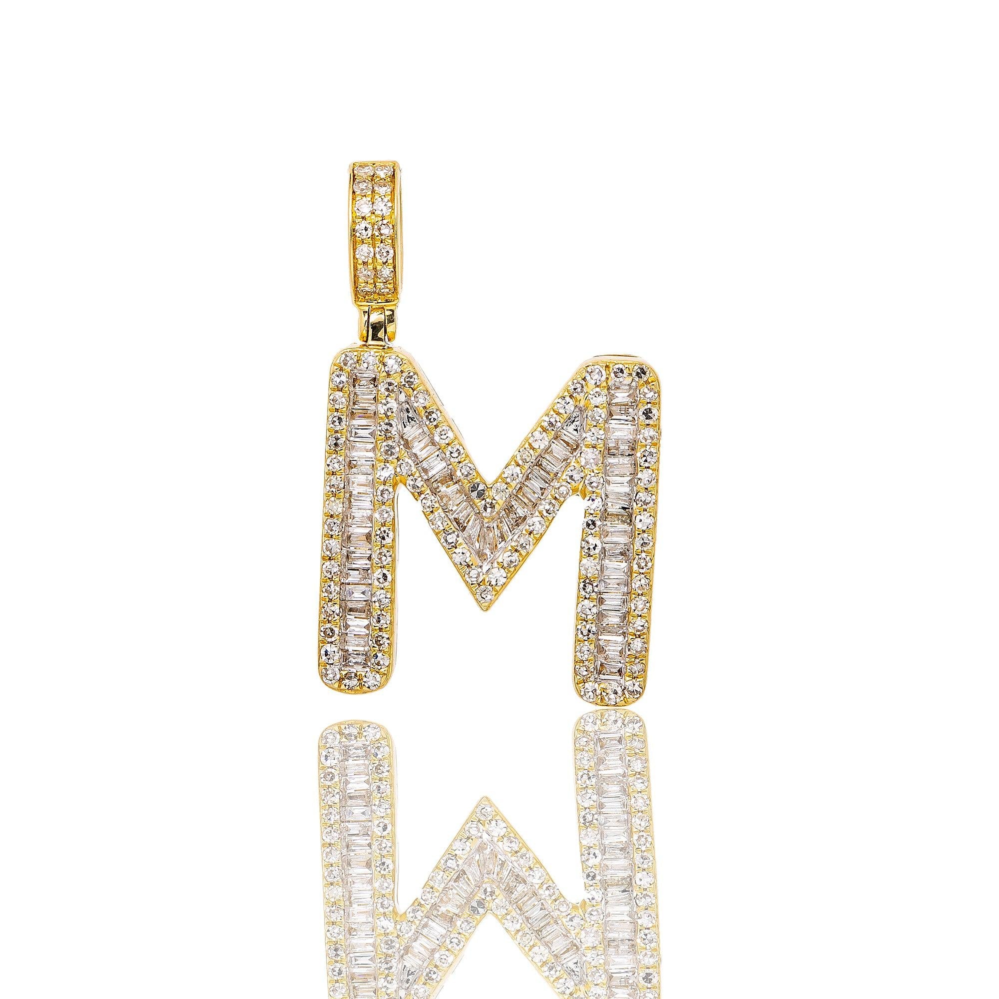 Unisex Diamond Initial M Pendant With .84CT Baguette And Round Diamonds