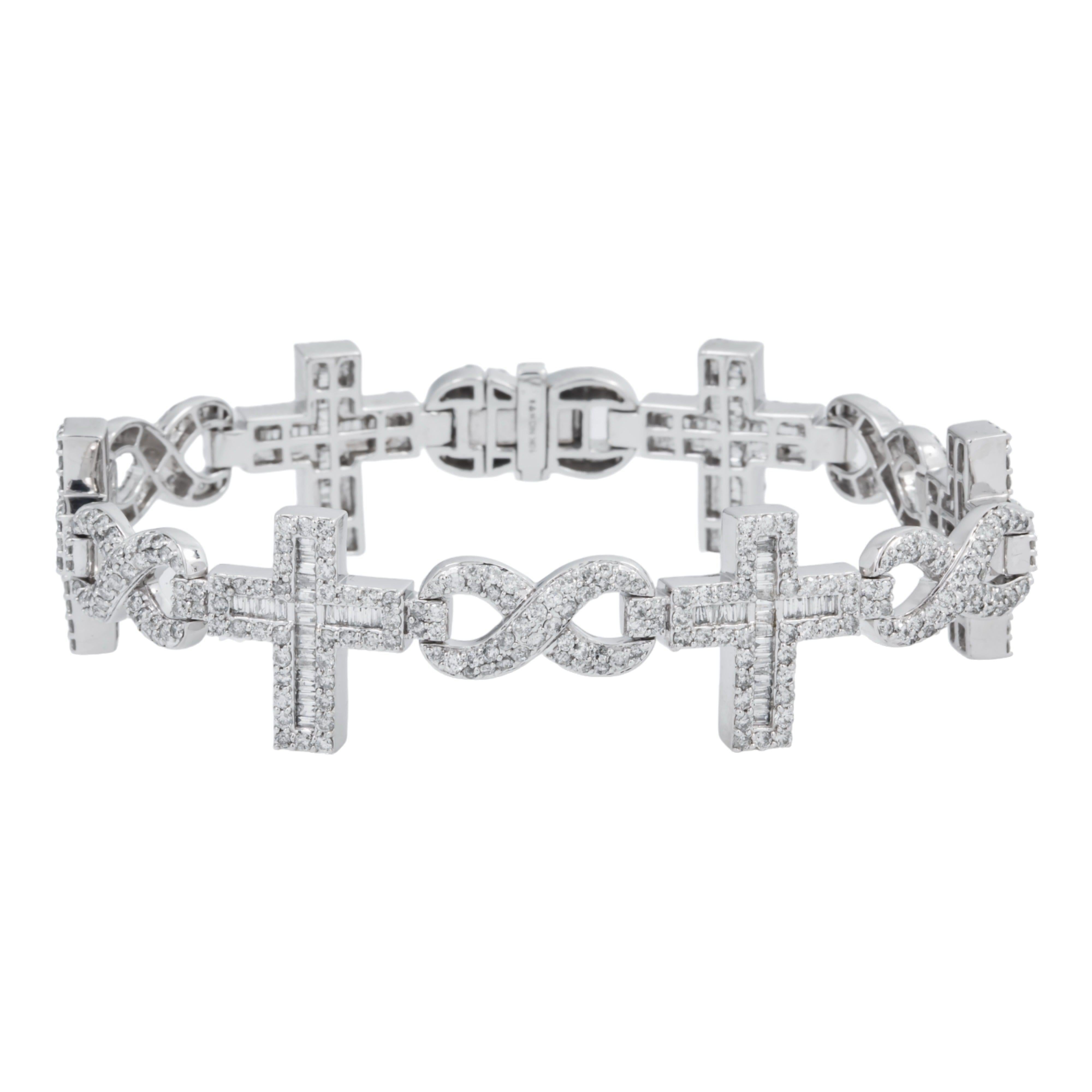10K GOLD ROUND AND BAGUETTE DIAMONDS CROSS INFINITY CHAIN BRACELET 7.65 CT