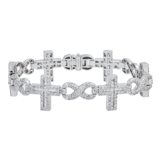 10K GOLD ROUND AND BAGUETTE DIAMONDS CROSS INFINITY CHAIN BRACELET 7.65 CT