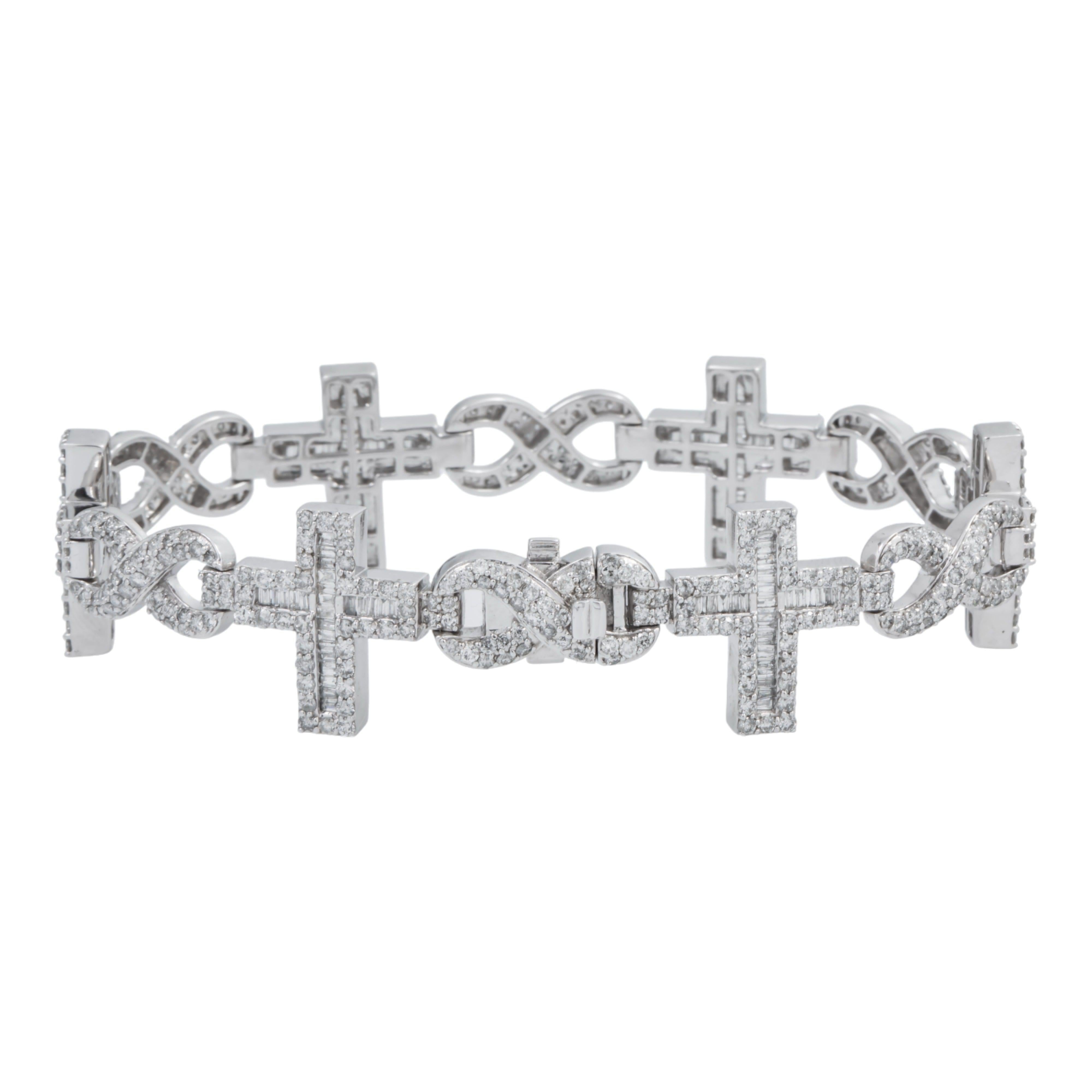 10K GOLD ROUND AND BAGUETTE DIAMONDS CROSS INFINITY CHAIN BRACELET 7.65 CT