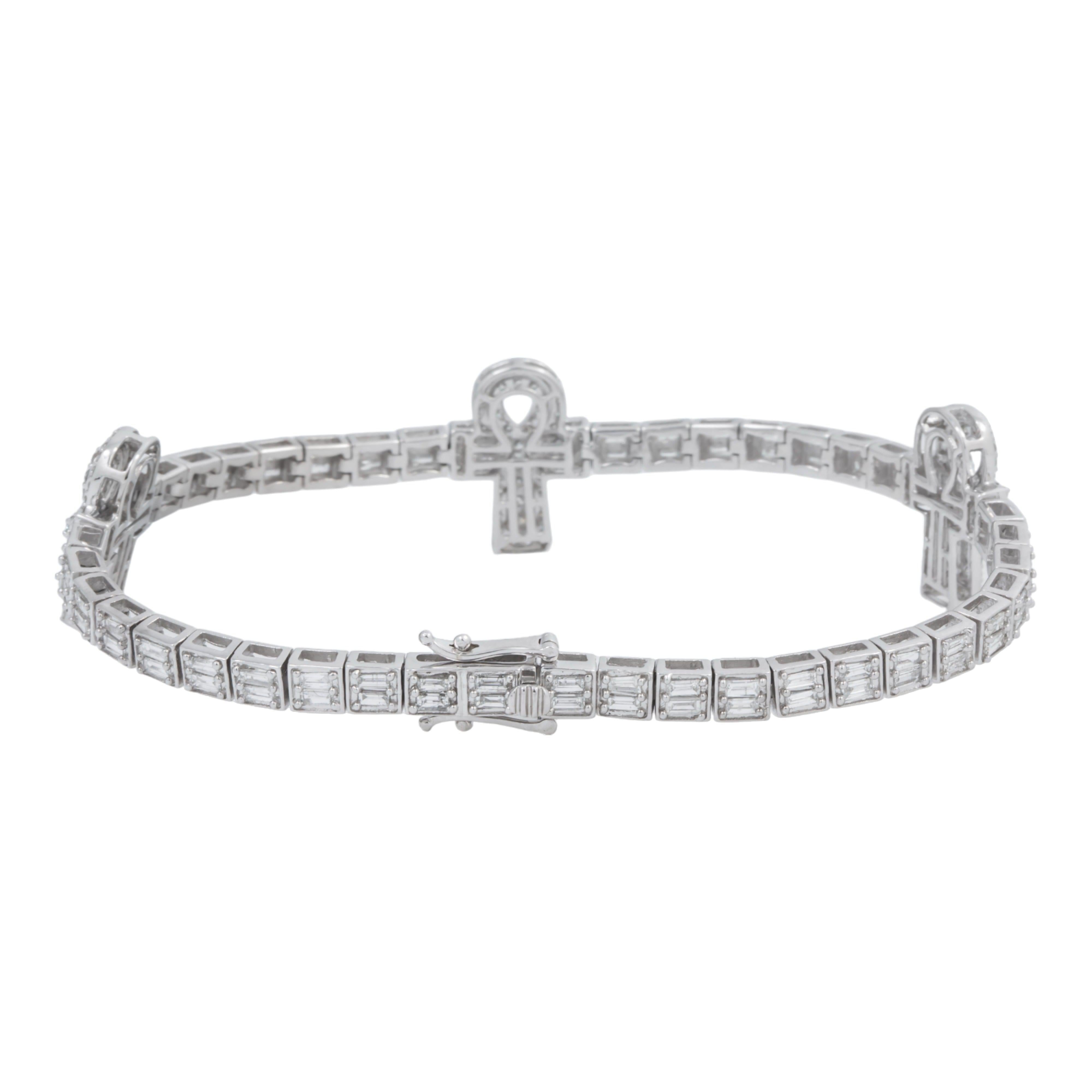 10K GOLD ROUND AND BAGUETTE DIAMOND ANKH BRACELET 4.00 CT