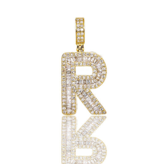 Unisex Diamond Initial R Pendant With .75CT Baguette And Round Diamonds