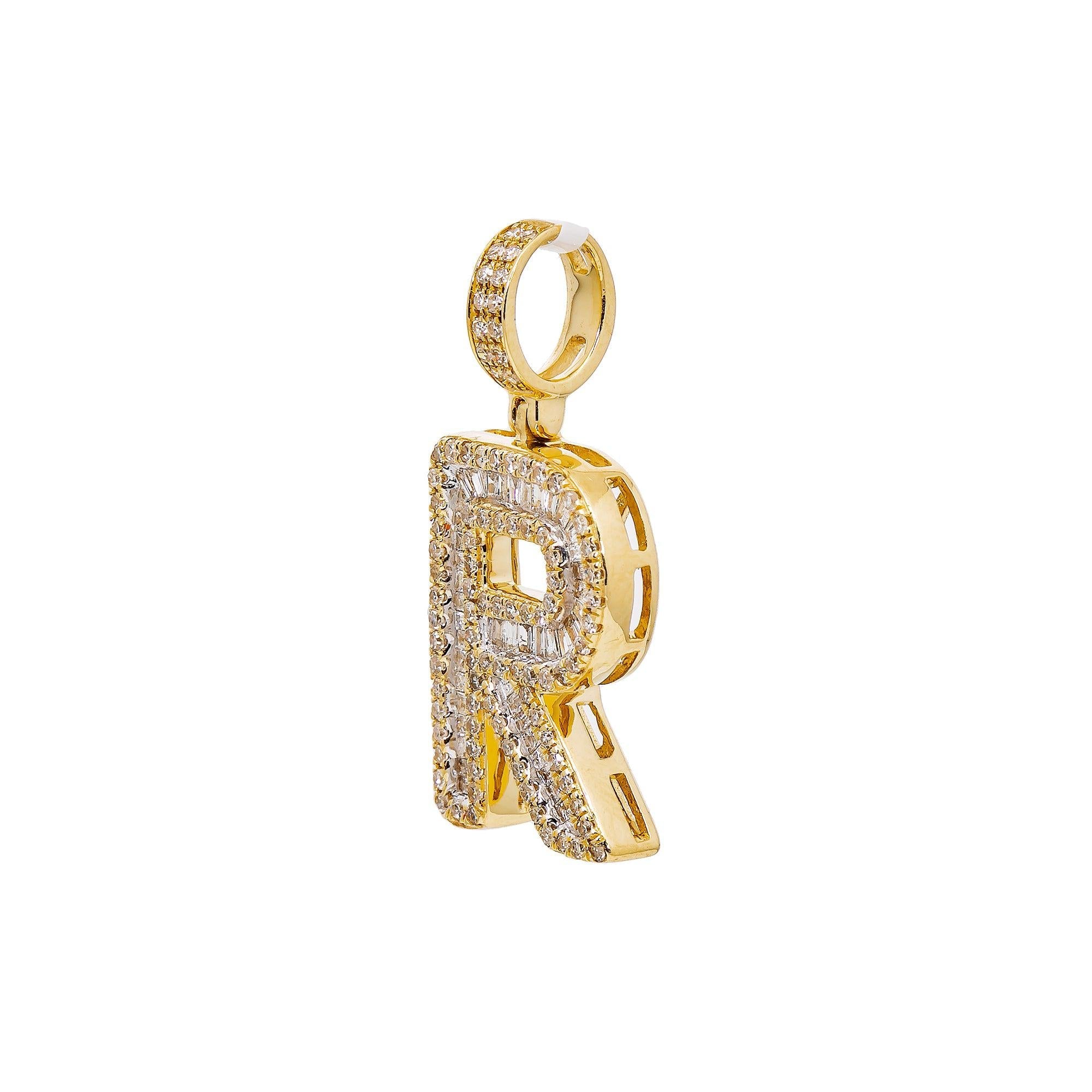 Unisex Diamond Initial R Pendant With .75CT Baguette And Round Diamonds