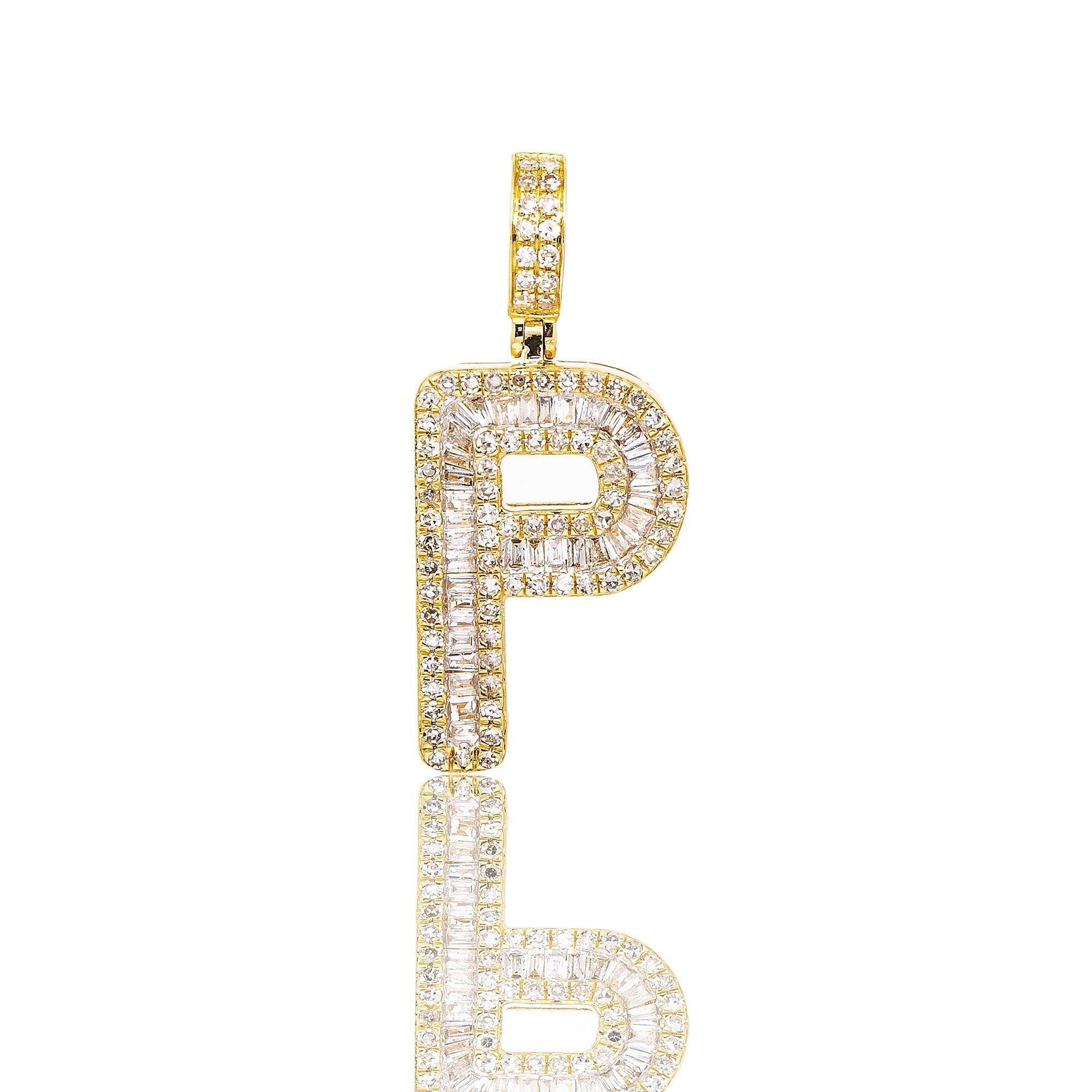 Unisex Diamond Initial P Pendant With 0.62CT Baguette And Round Diamonds
