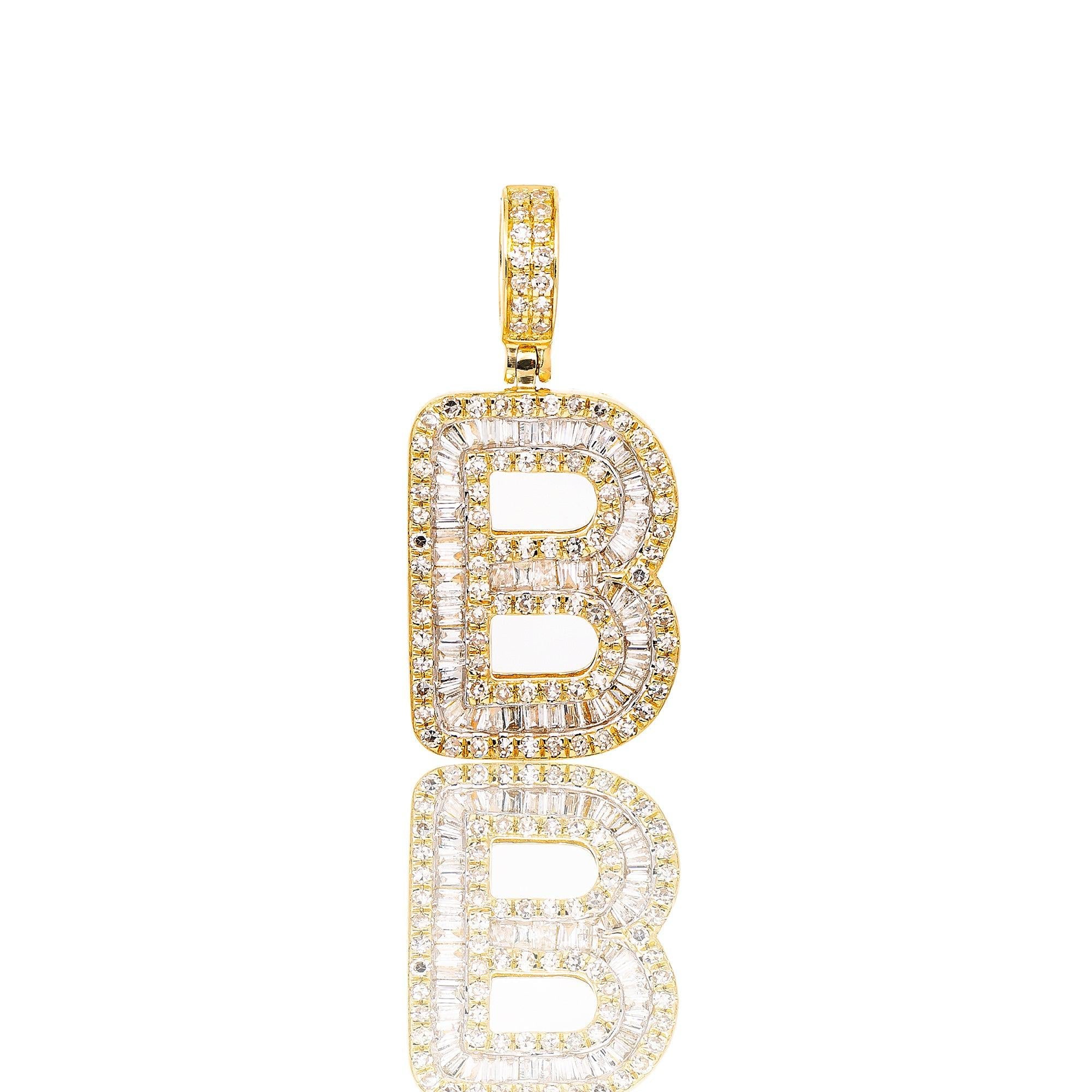 Unisex Diamond Initial B Pendant With 1.08CT Baguette And Round Diamonds