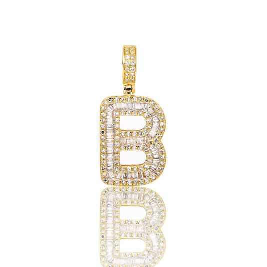 Unisex Diamond Initial B Pendant With 1.08CT Baguette And Round Diamonds