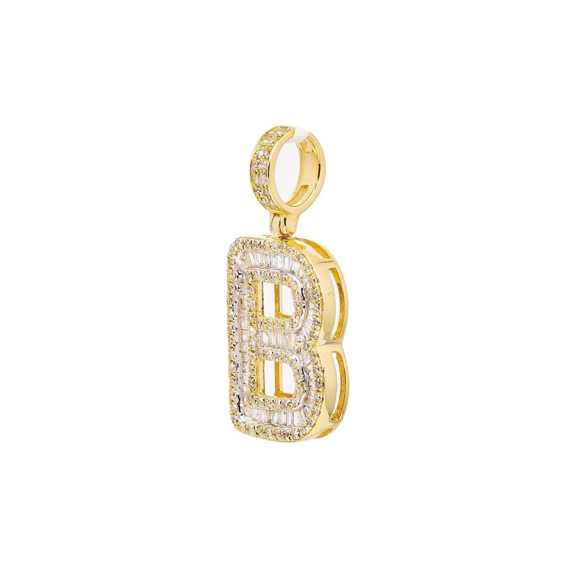 Unisex Diamond Initial B Pendant With 1.08CT Baguette And Round Diamonds