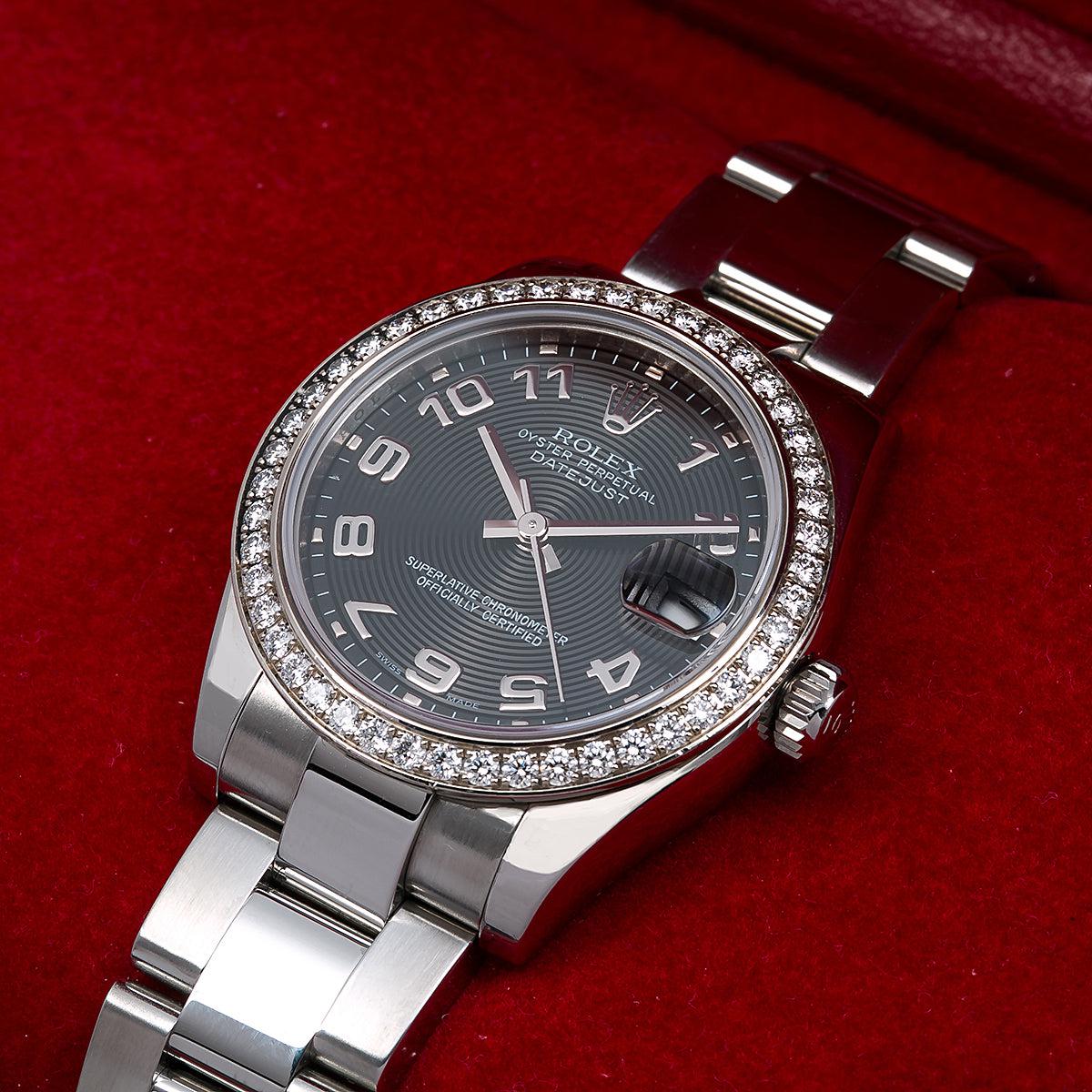 Rolex Datejust Ladies Diamond Watch 178384 31mm Black Dial Factory diamond Bezel With Stainless Steel Bracelet