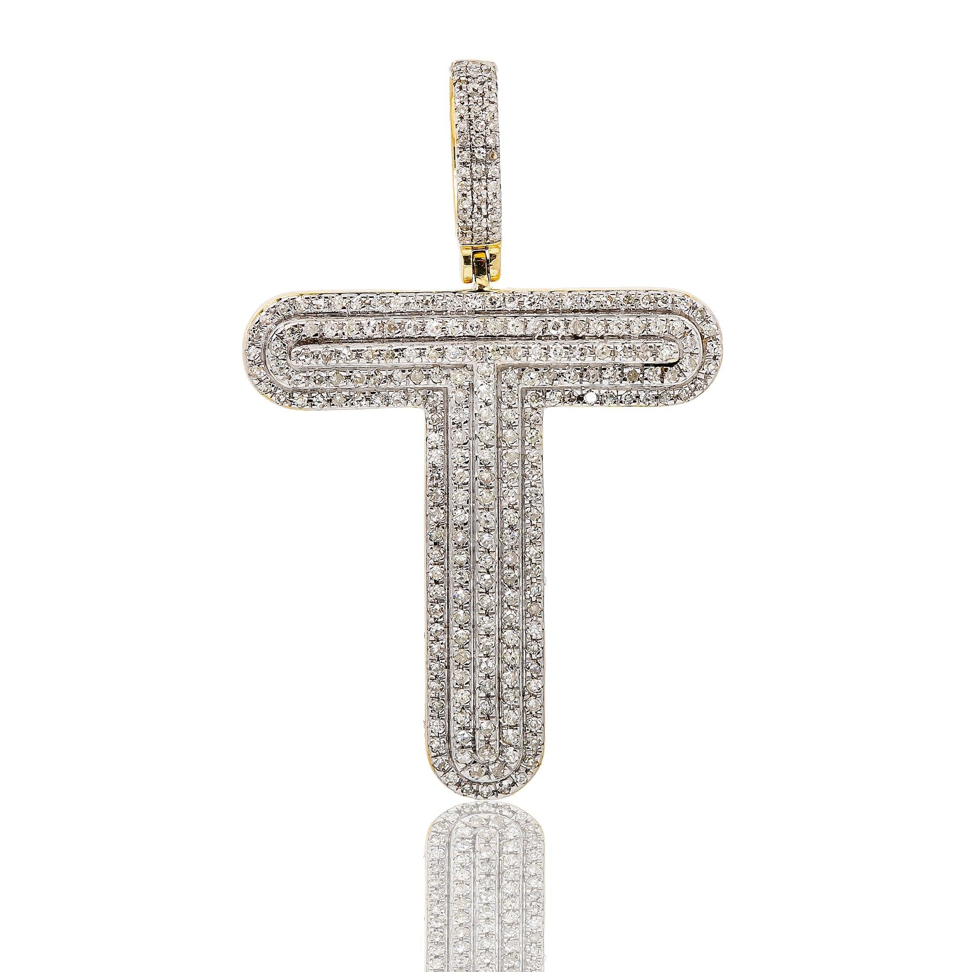 Unisex 14K Yellow Gold Initial T Pendant with .62 CT Diamonds