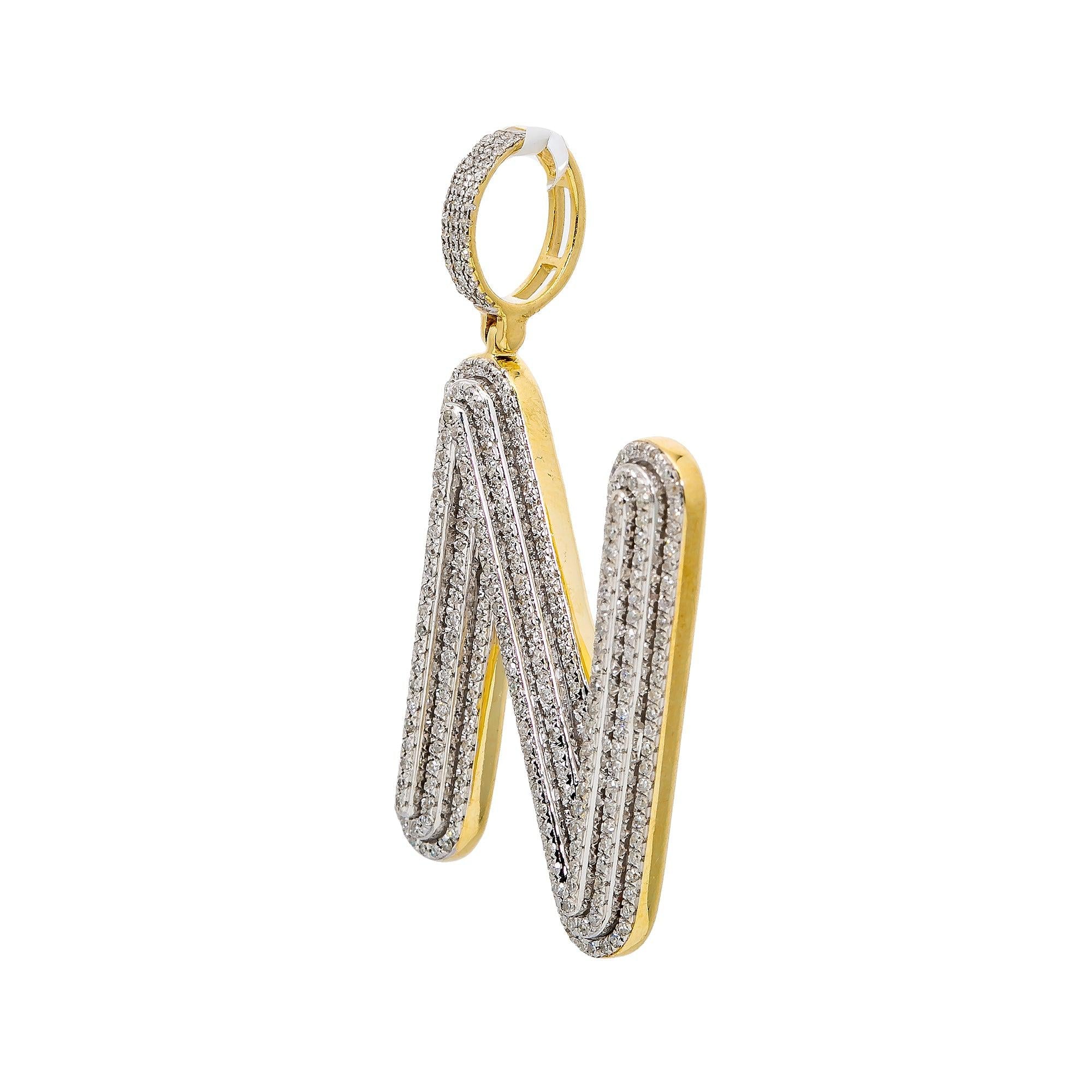 Unisex 14K Yellow Gold Initial N Pendant with .86 CT Diamonds