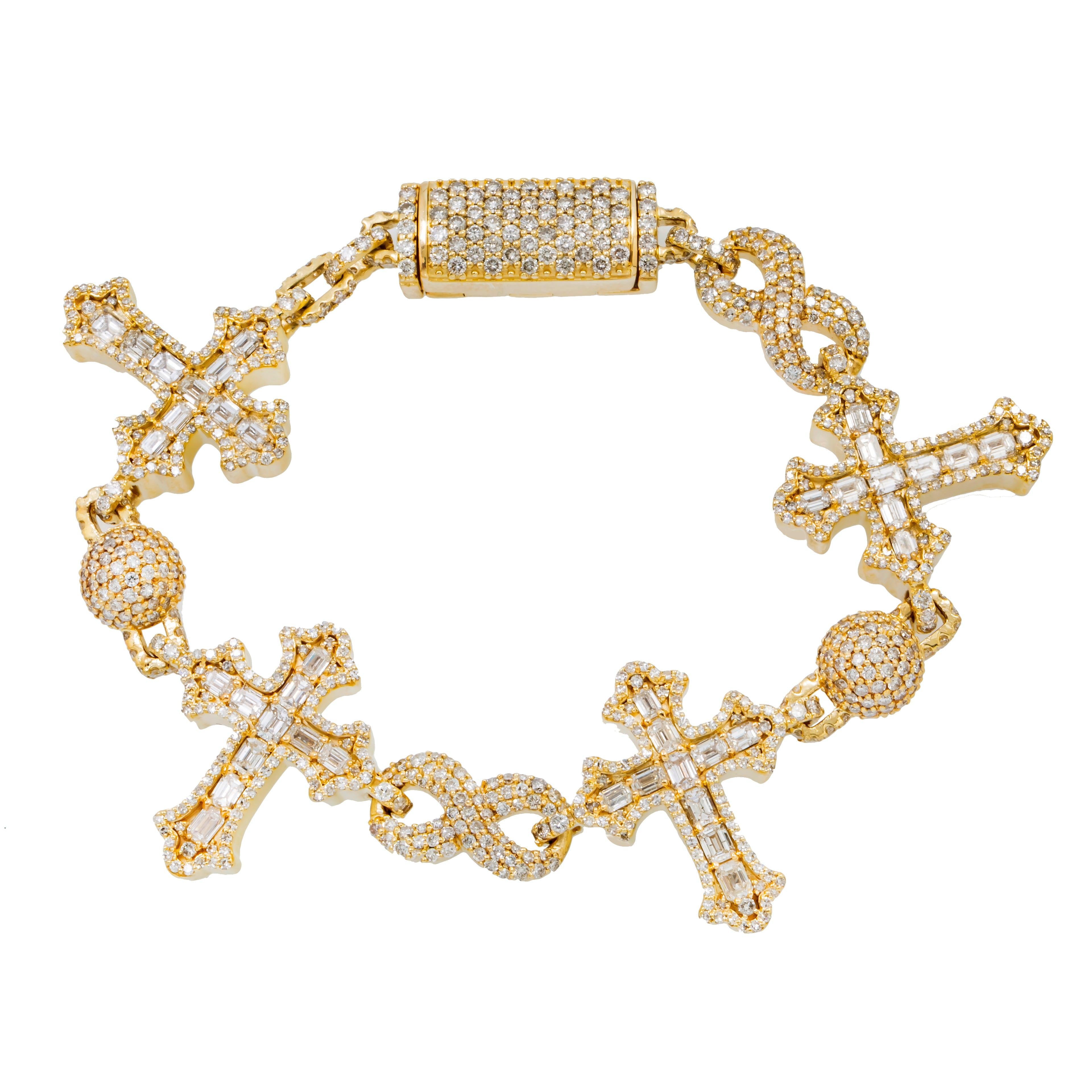 10K GOLD ROUND AND BAGUETTE DIAMONDS CROSS INFINITY CHAIN BRACELET
