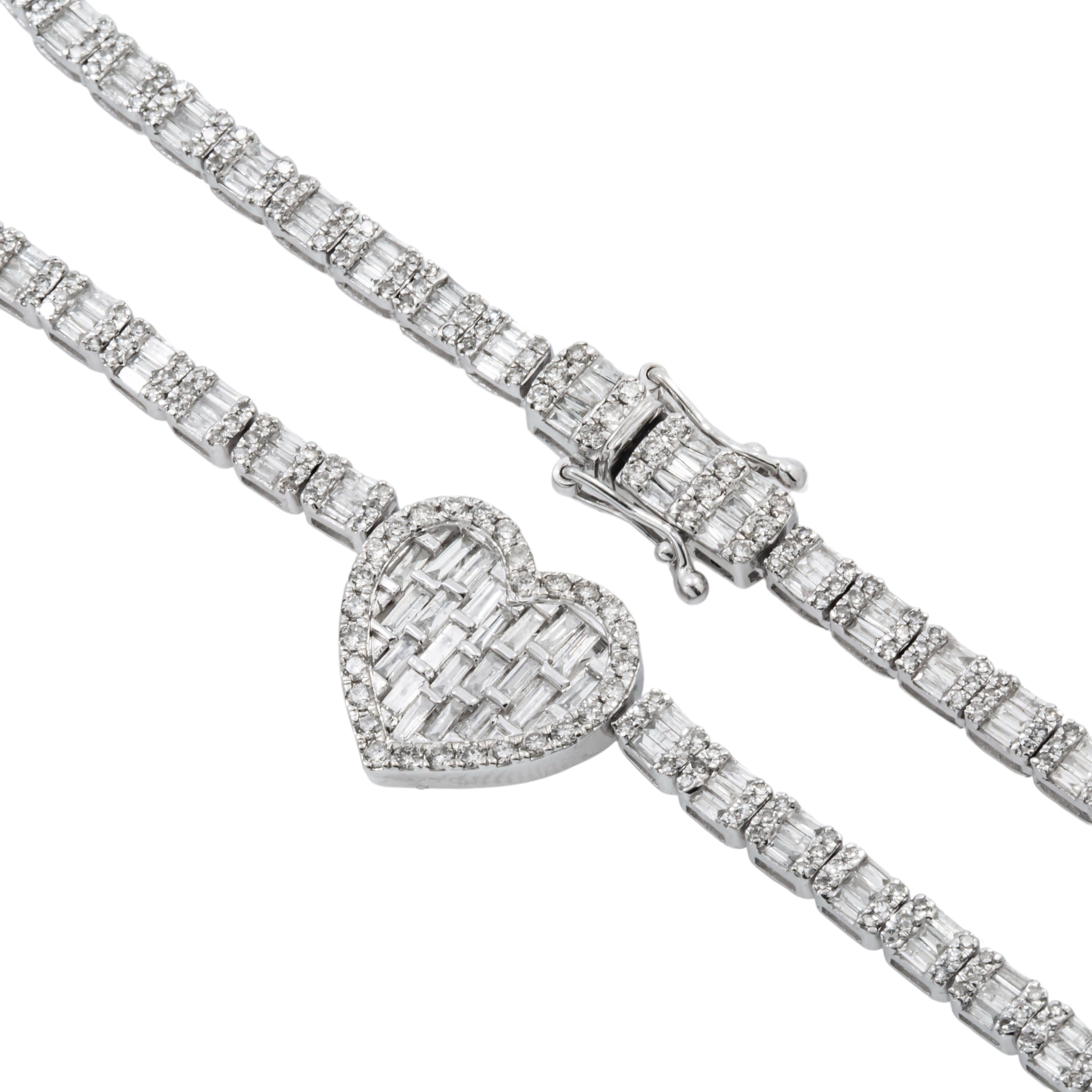 10K GOLD BAGUETTE AND ROUND DIAMOND HEART CHAIN 7.36 CT