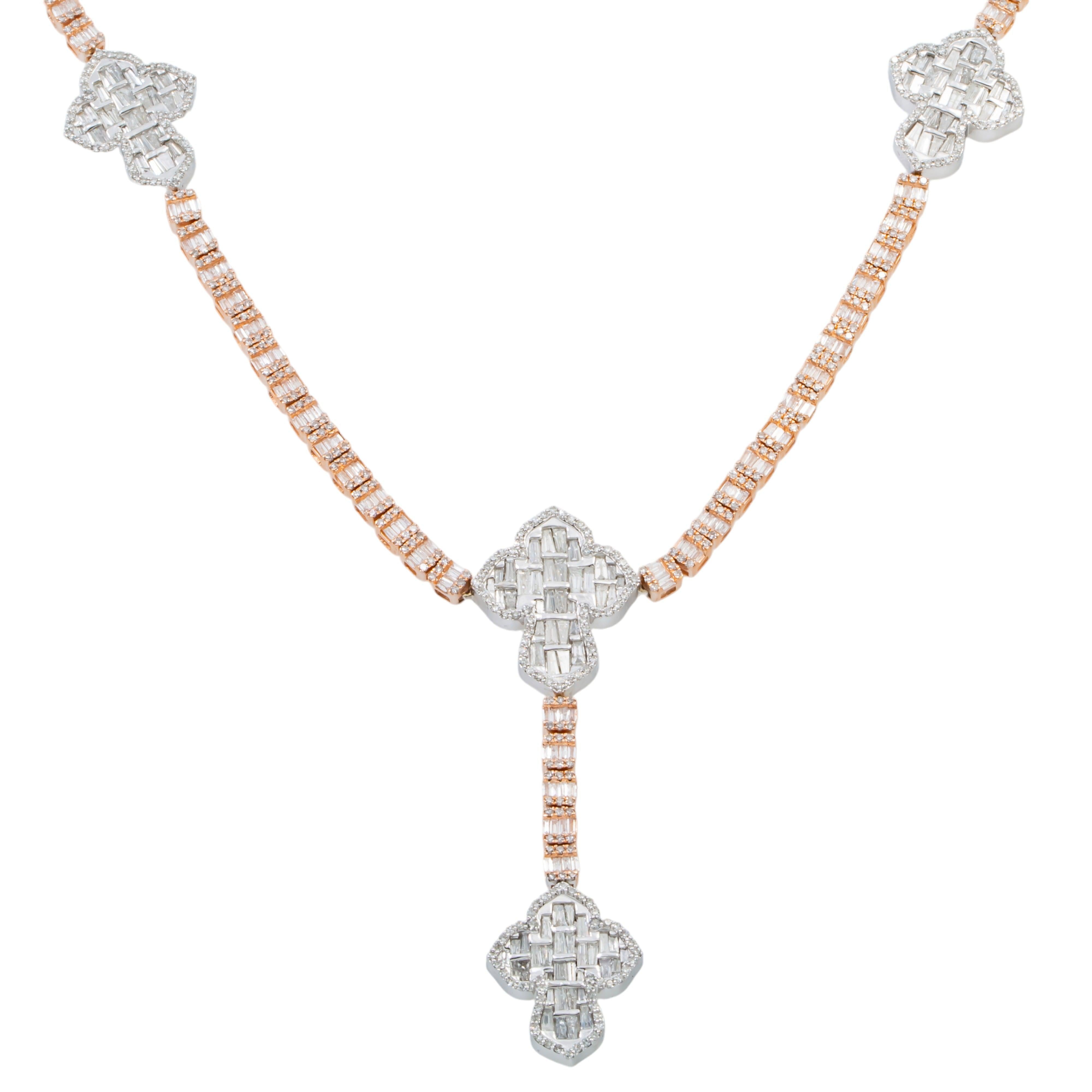 10K GOLD TWO TONE BAGUETTE AND ROUND DIAMOND CROSS CHAIN 4.92 CT