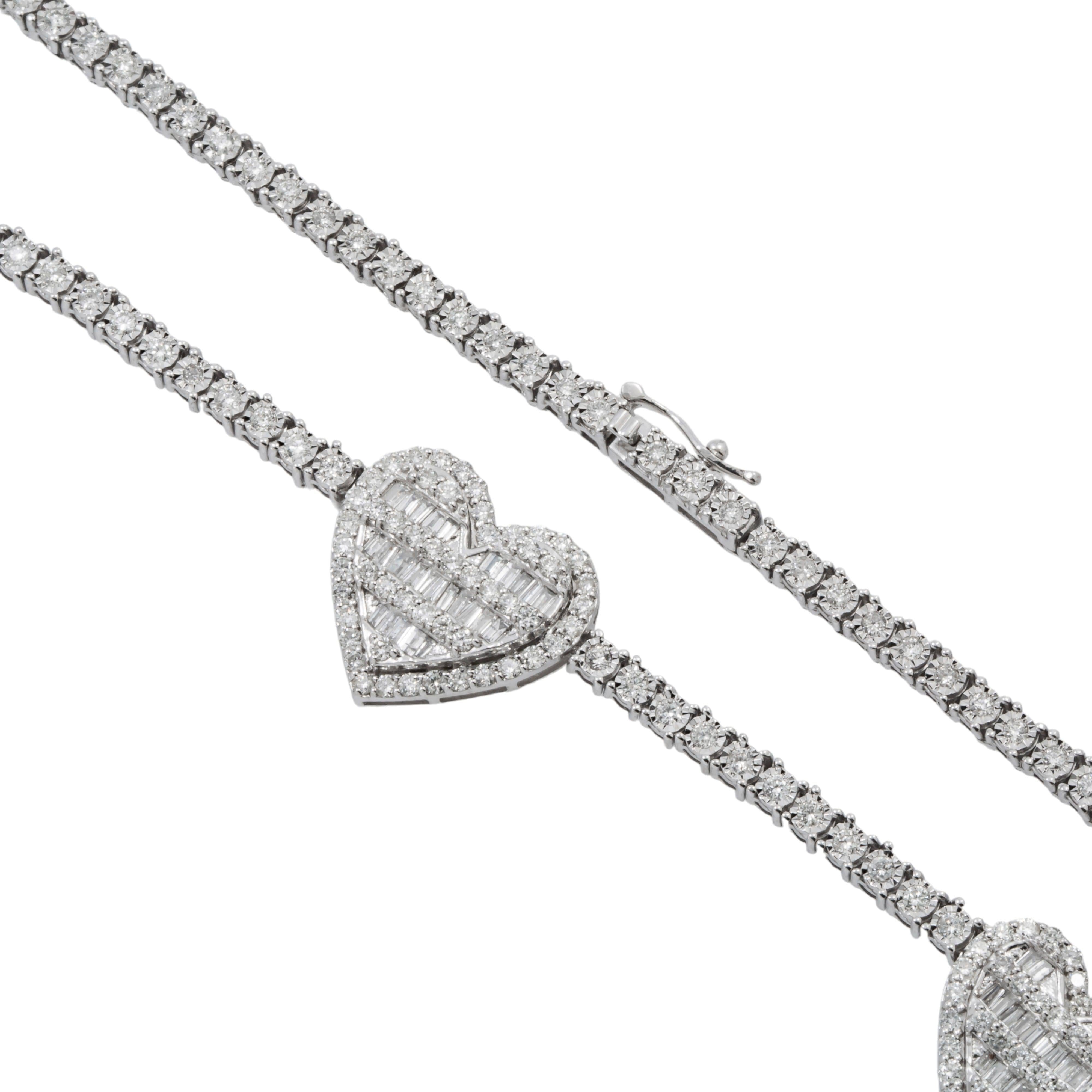 10K GOLD BAGUETTE AND ROUND DIAMOND HEART CHAIN 4.65 CT