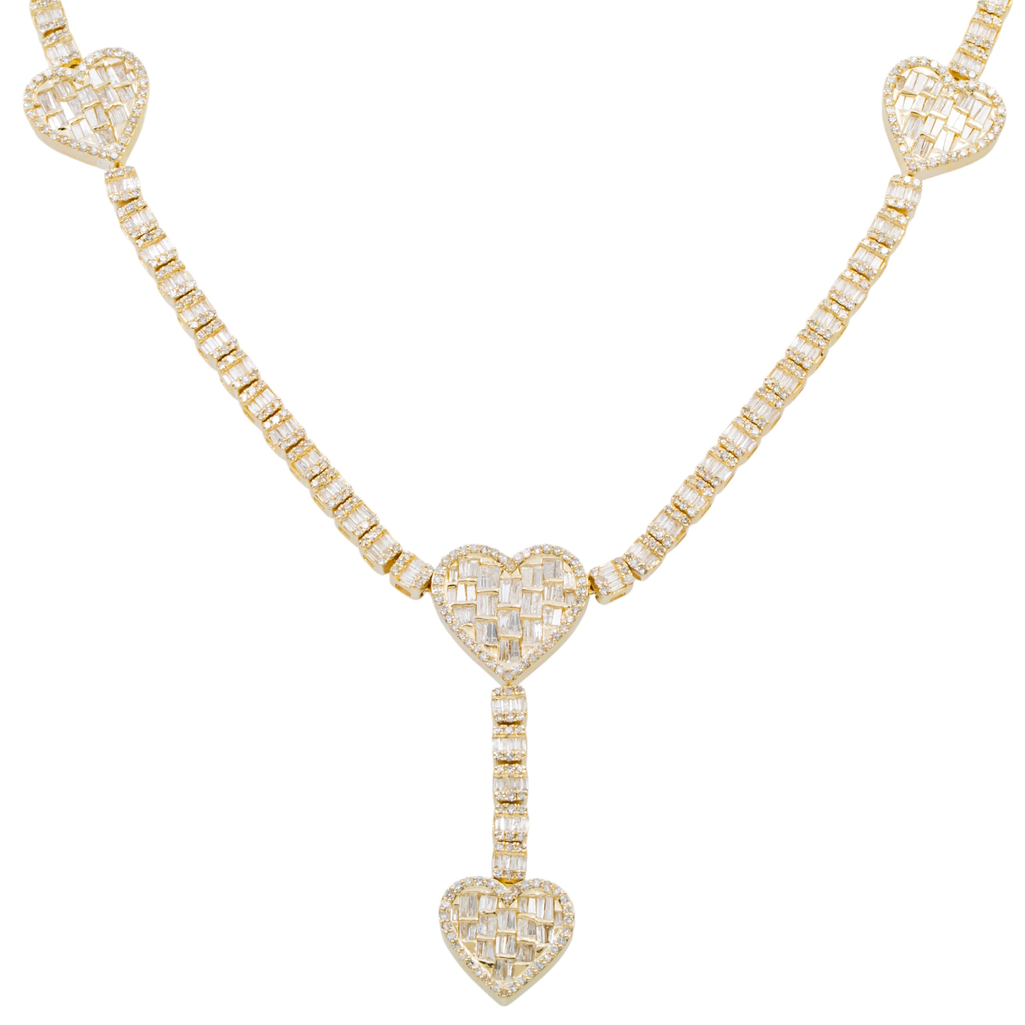 10K GOLD BAGUETTE AND ROUND DIAMOND HEART CHAIN 7.95 CT