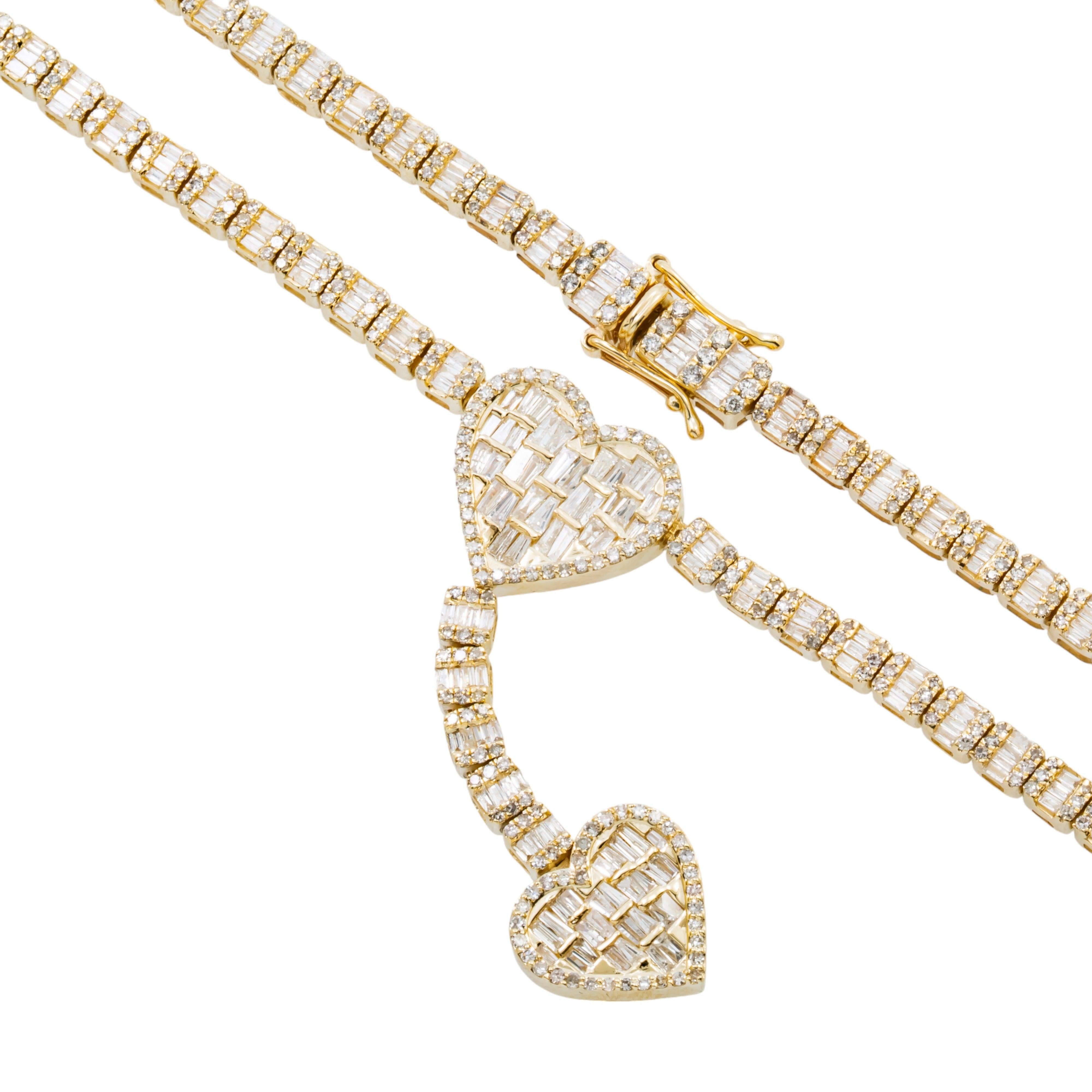 10K GOLD BAGUETTE AND ROUND DIAMOND HEART CHAIN 7.95 CT