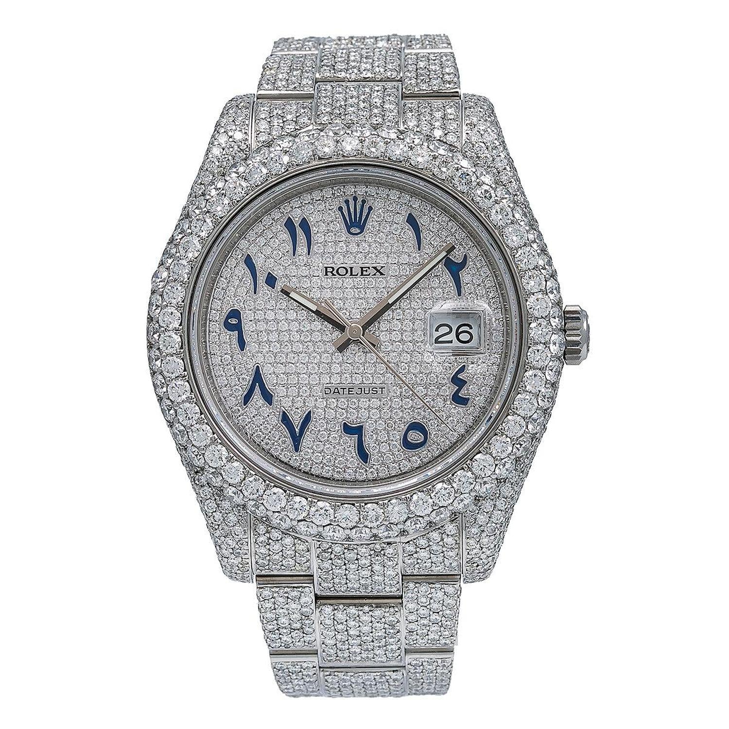 Rolex Datejust 40MM 126300 Diamond Paved Blue Eastern Arabic Dial Diamond Bezel Full Diamond Oyster Bracelet 18.75ct