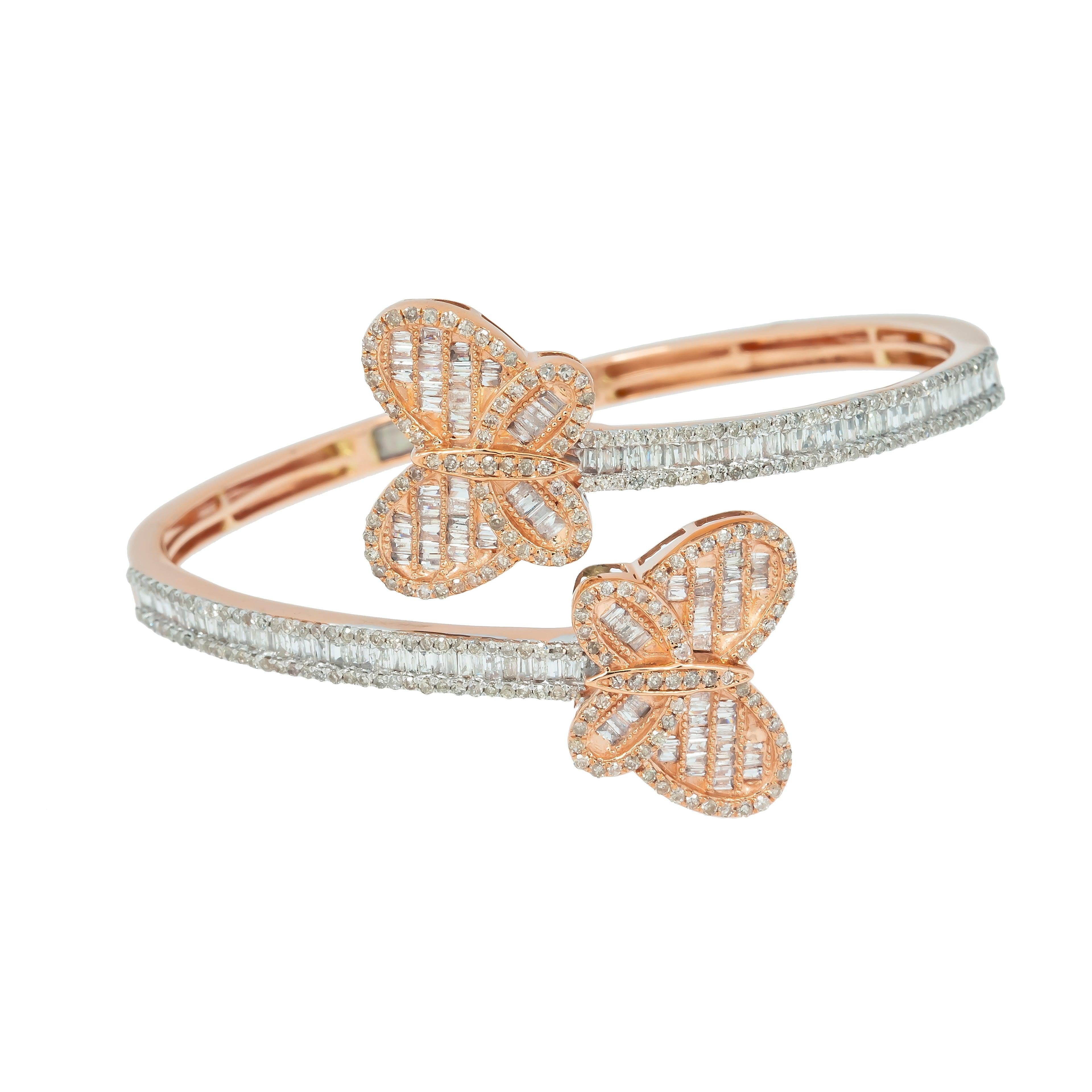 14K GOLD BAGUETTE DIAMONDS OPEN BUTTERFLY BANGLE 2.86 CT