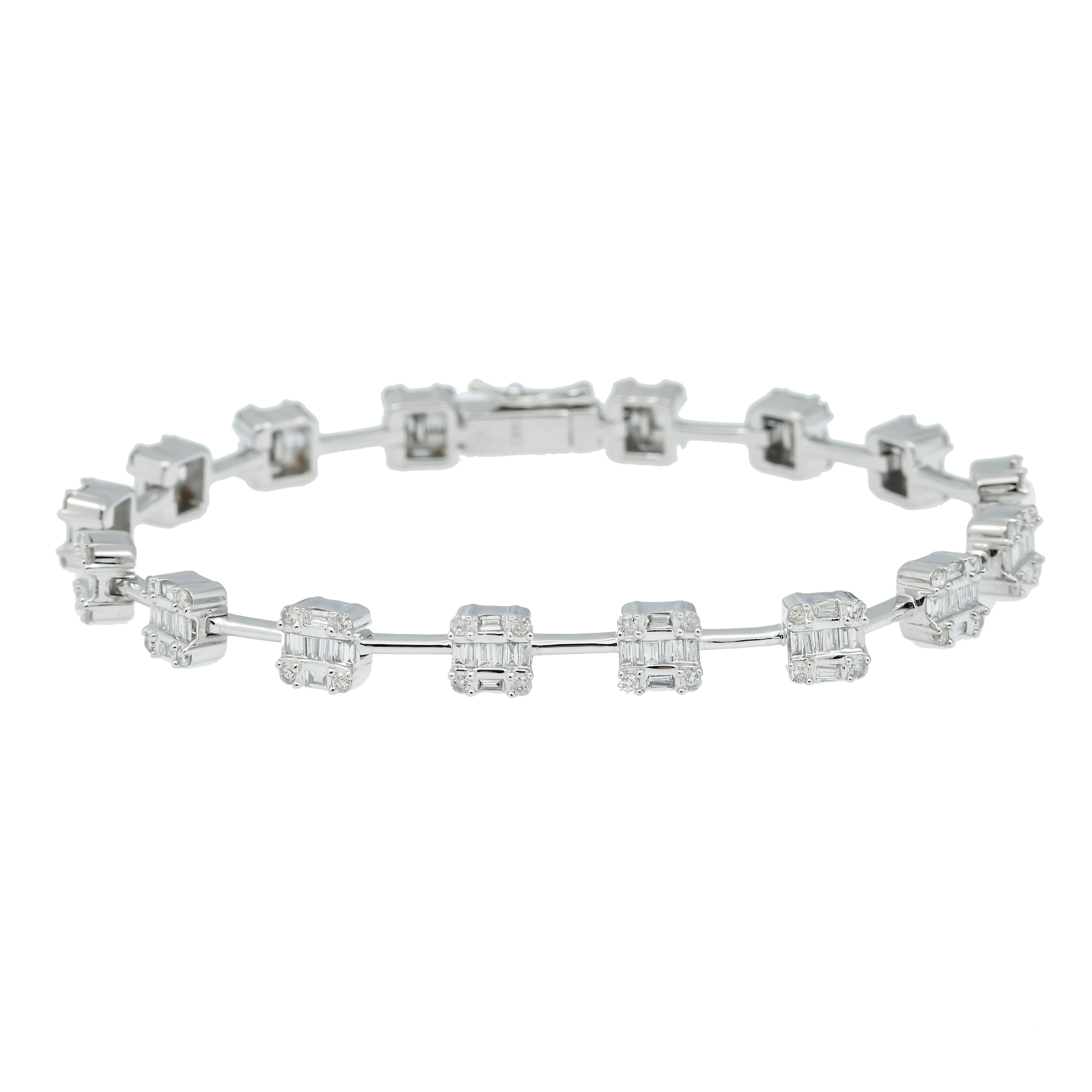 14K GOLD BAGUETTE AND ROUND DIAMONDS SQUARE BRACELET 2.19 CT