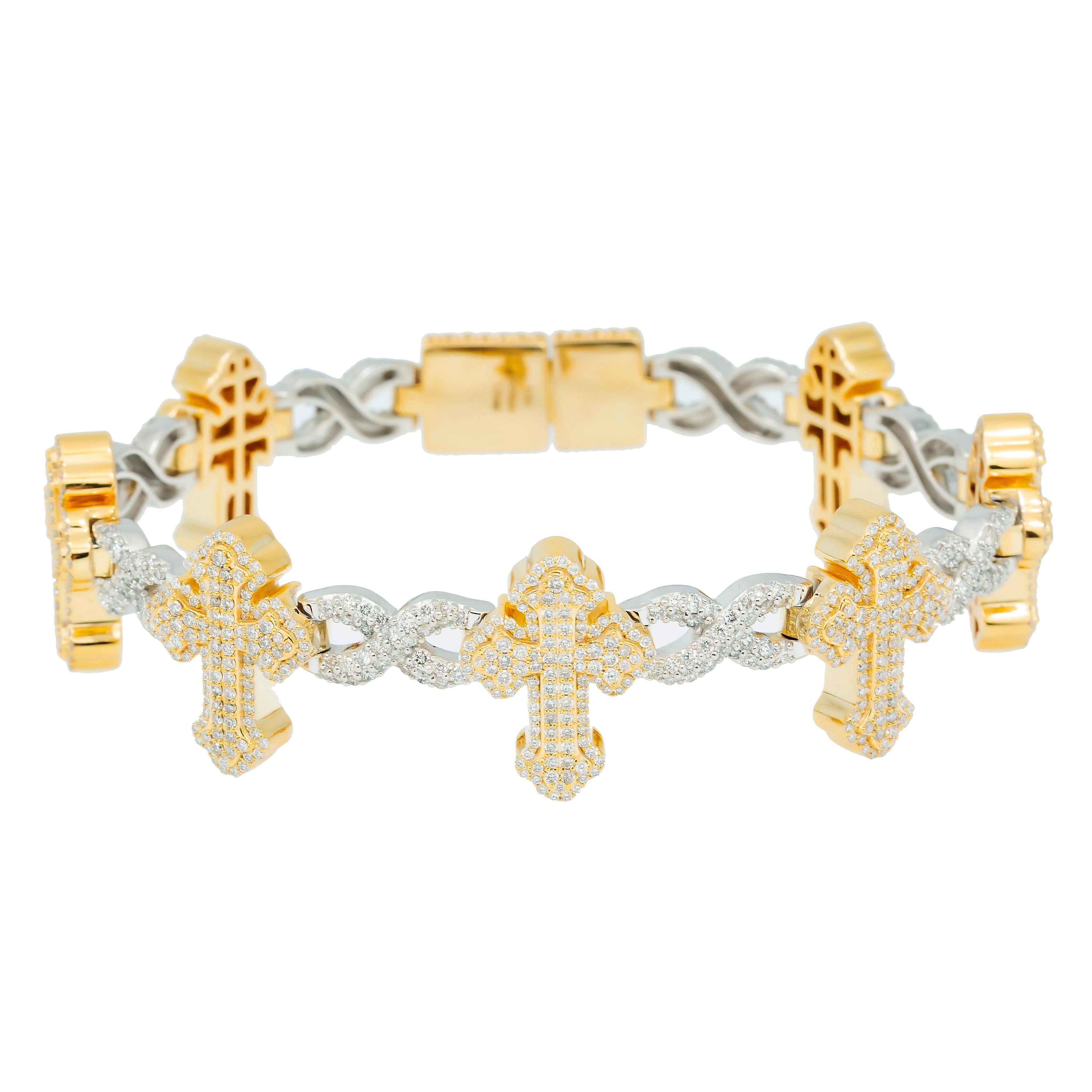 10K GOLD ROUND DIAMONDS TWO TONE CROSS INFINITY CHAIN BRACELET 7.26 CT
