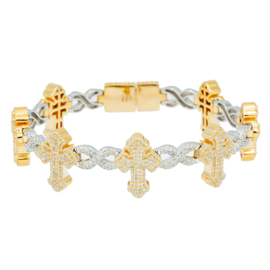 10K GOLD ROUND DIAMONDS TWO TONE CROSS INFINITY CHAIN BRACELET 7.26 CT