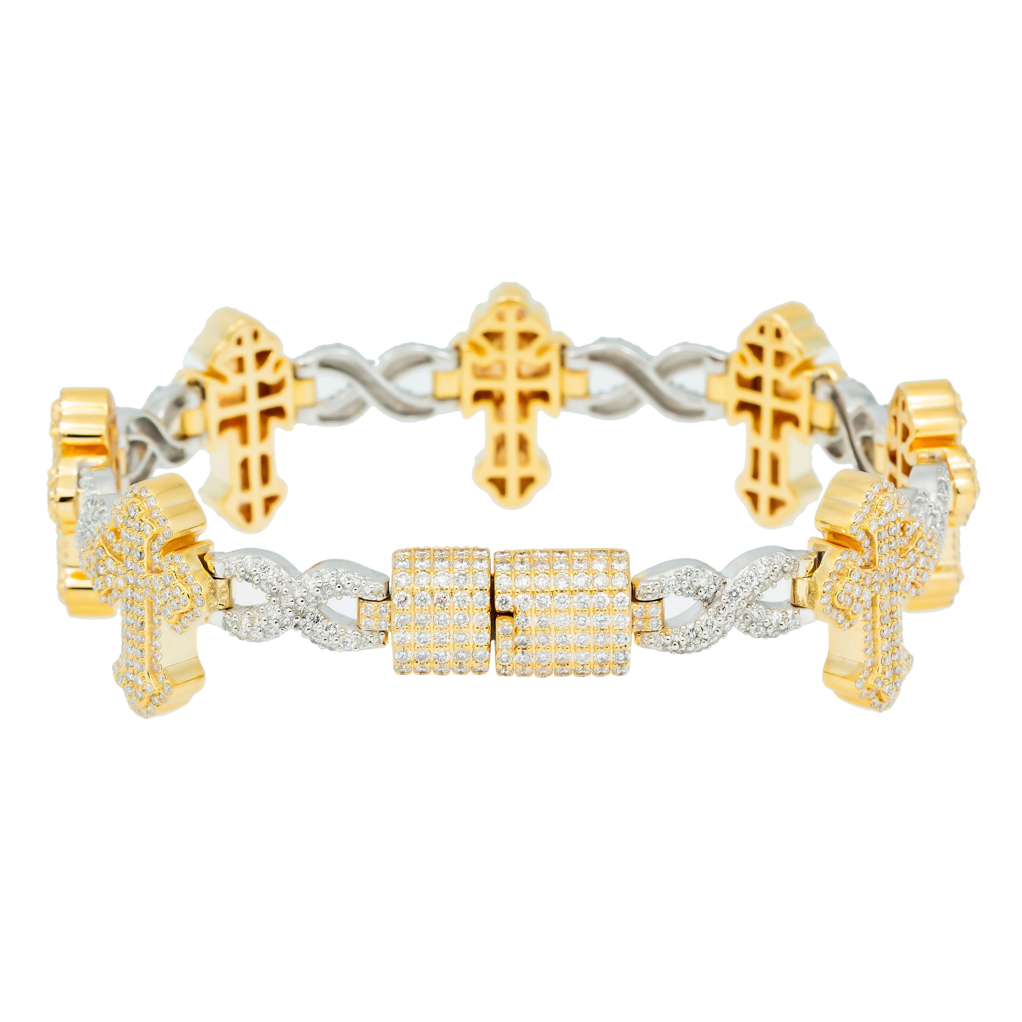 10K GOLD ROUND DIAMONDS TWO TONE CROSS INFINITY CHAIN BRACELET 7.26 CT