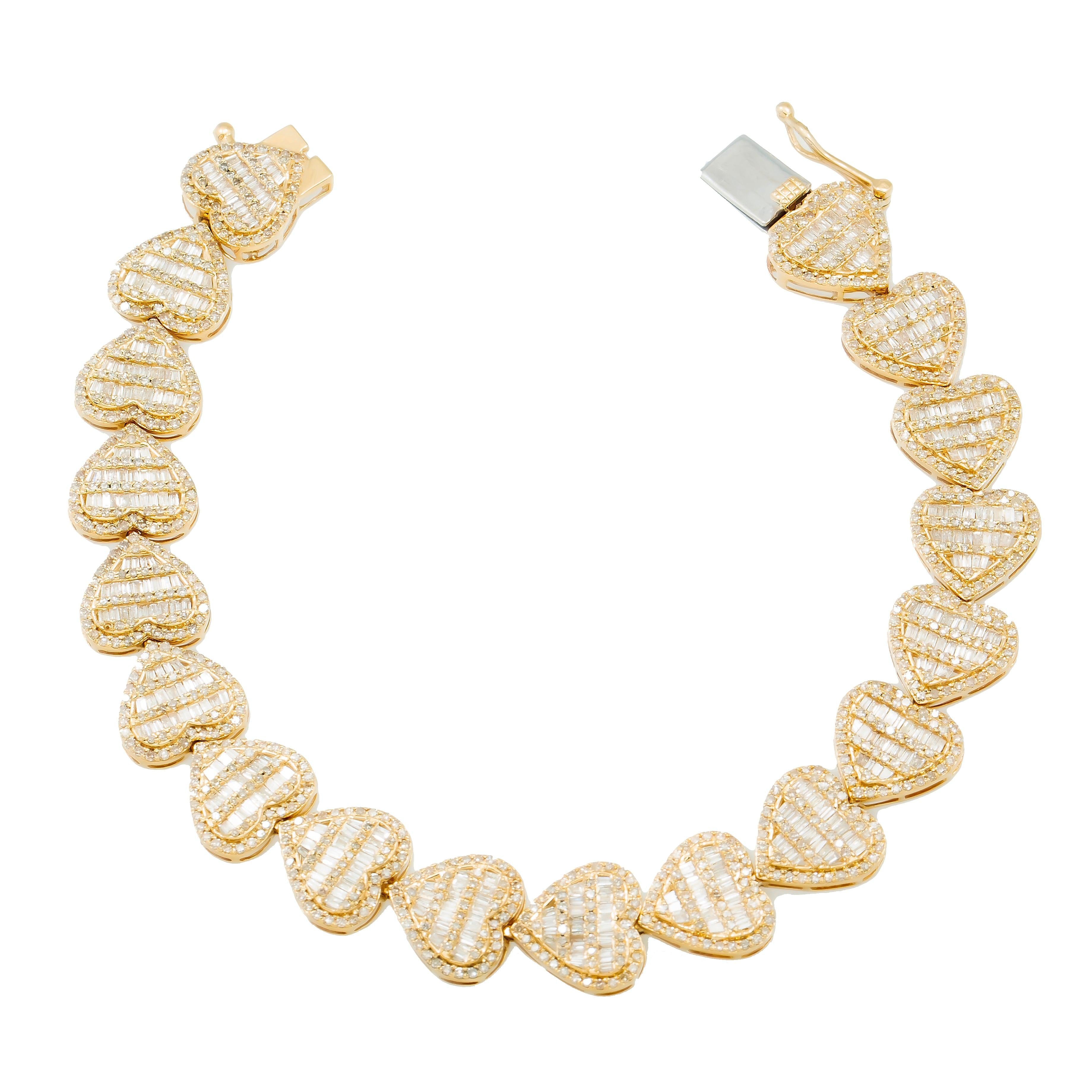 14K GOLD BAGUETTE DIAMONDS HEART BRACELET 7.65 CT