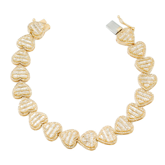 14K GOLD BAGUETTE DIAMONDS HEART BRACELET 7.65 CT