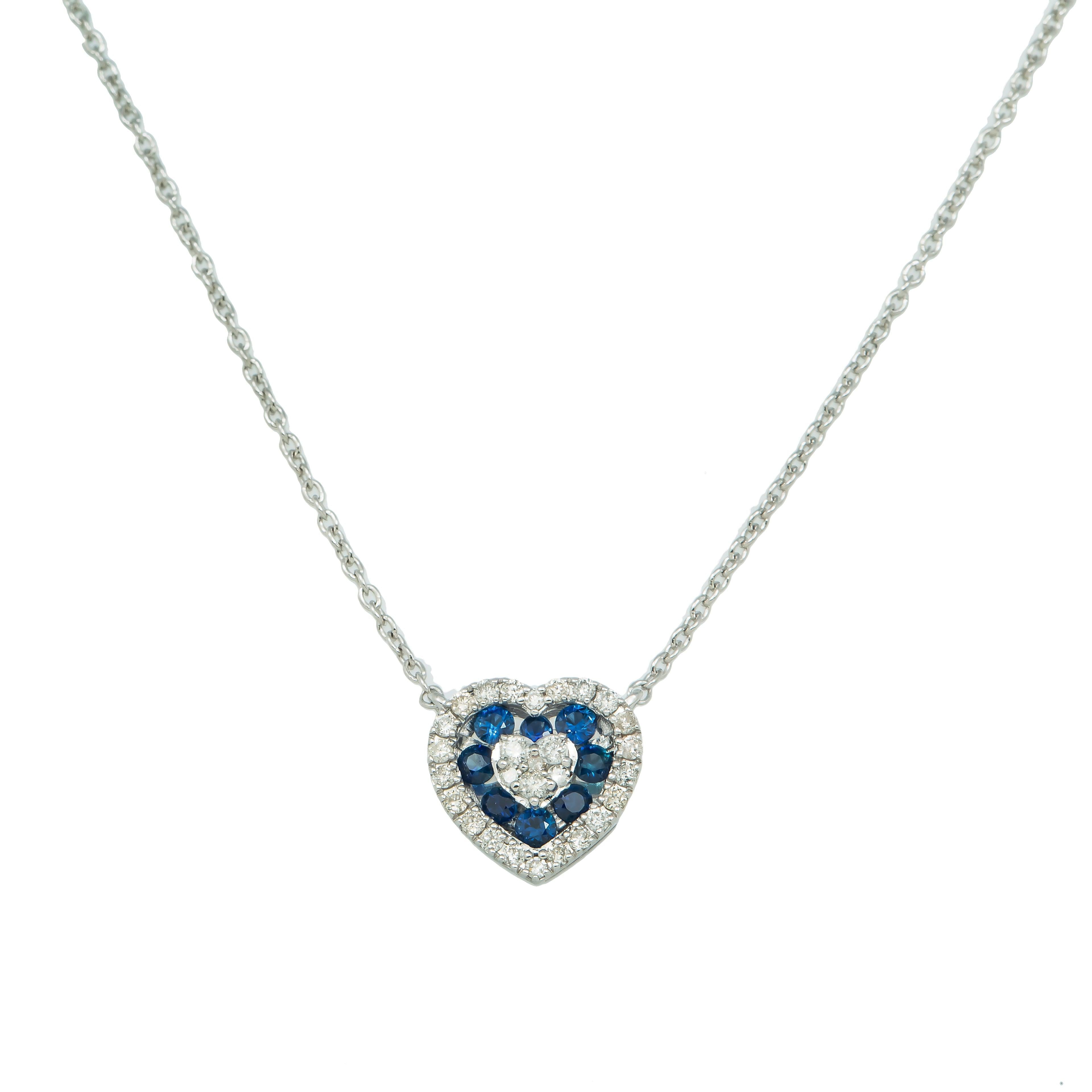 14K GOLD ROUND DIAMOND AND BLUE SAPPHIRE HEART NECKLACE 0.55 CTW