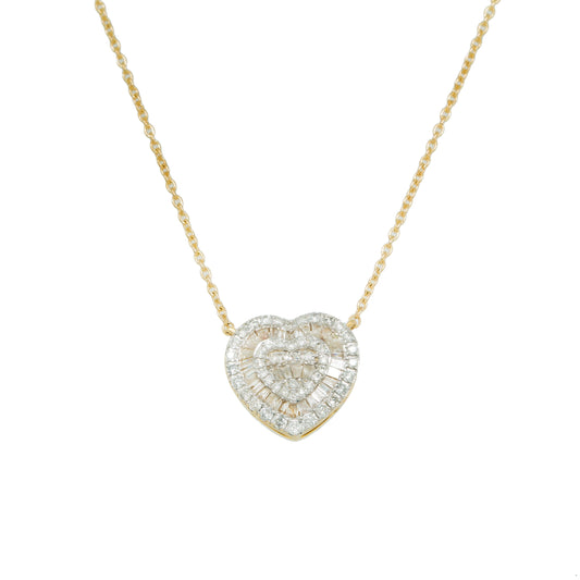 14K GOLD BAGUETTE AND ROUND DIAMOND HEART NECKLACE 0.63 CT