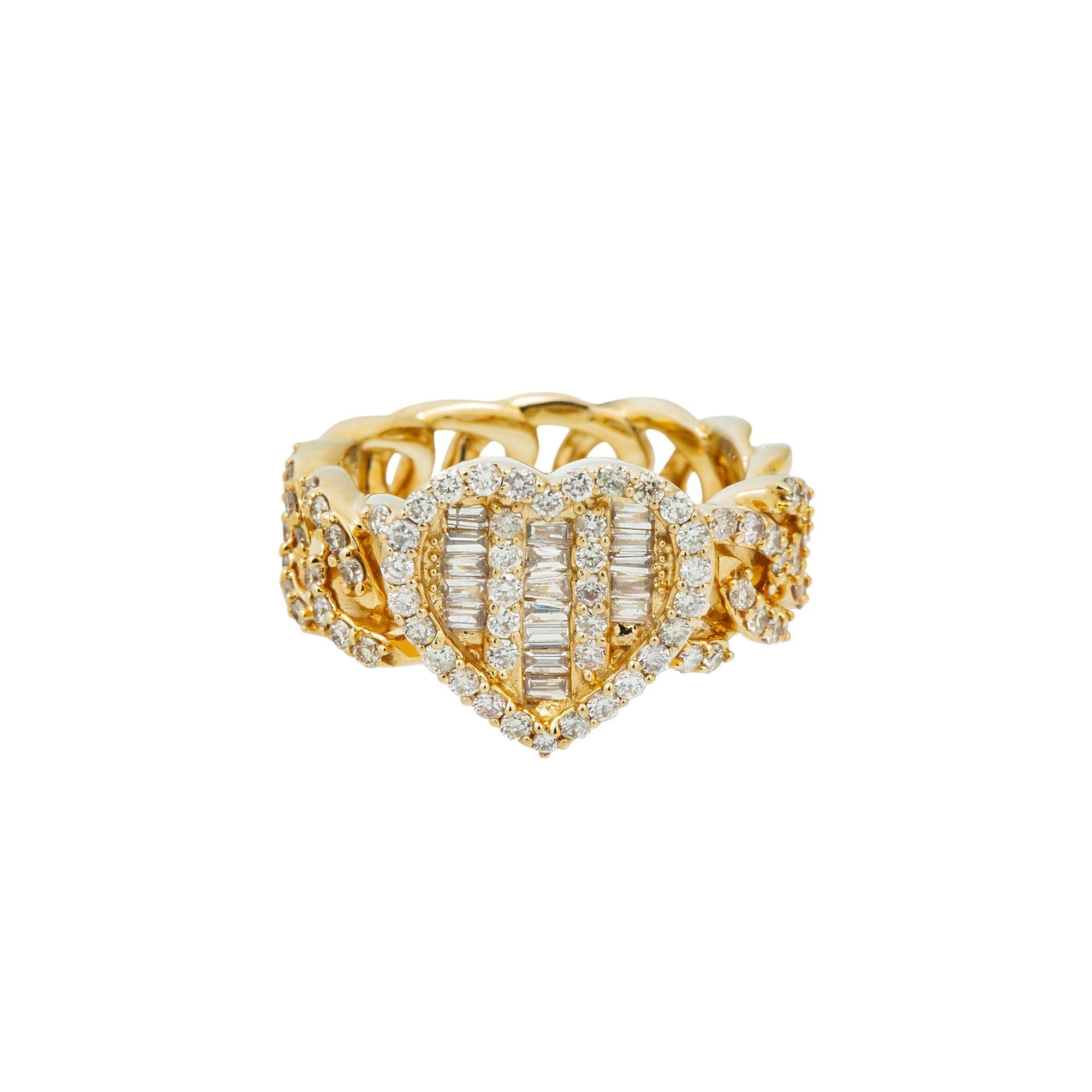 10K GOLD BAGUETTE AND ROUND DIAMOND HEART OPEN CUBAN LINK RING 1.25 CT