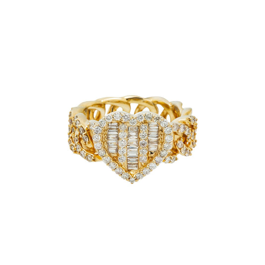 10K GOLD BAGUETTE AND ROUND DIAMOND HEART OPEN CUBAN LINK RING 1.25 CT