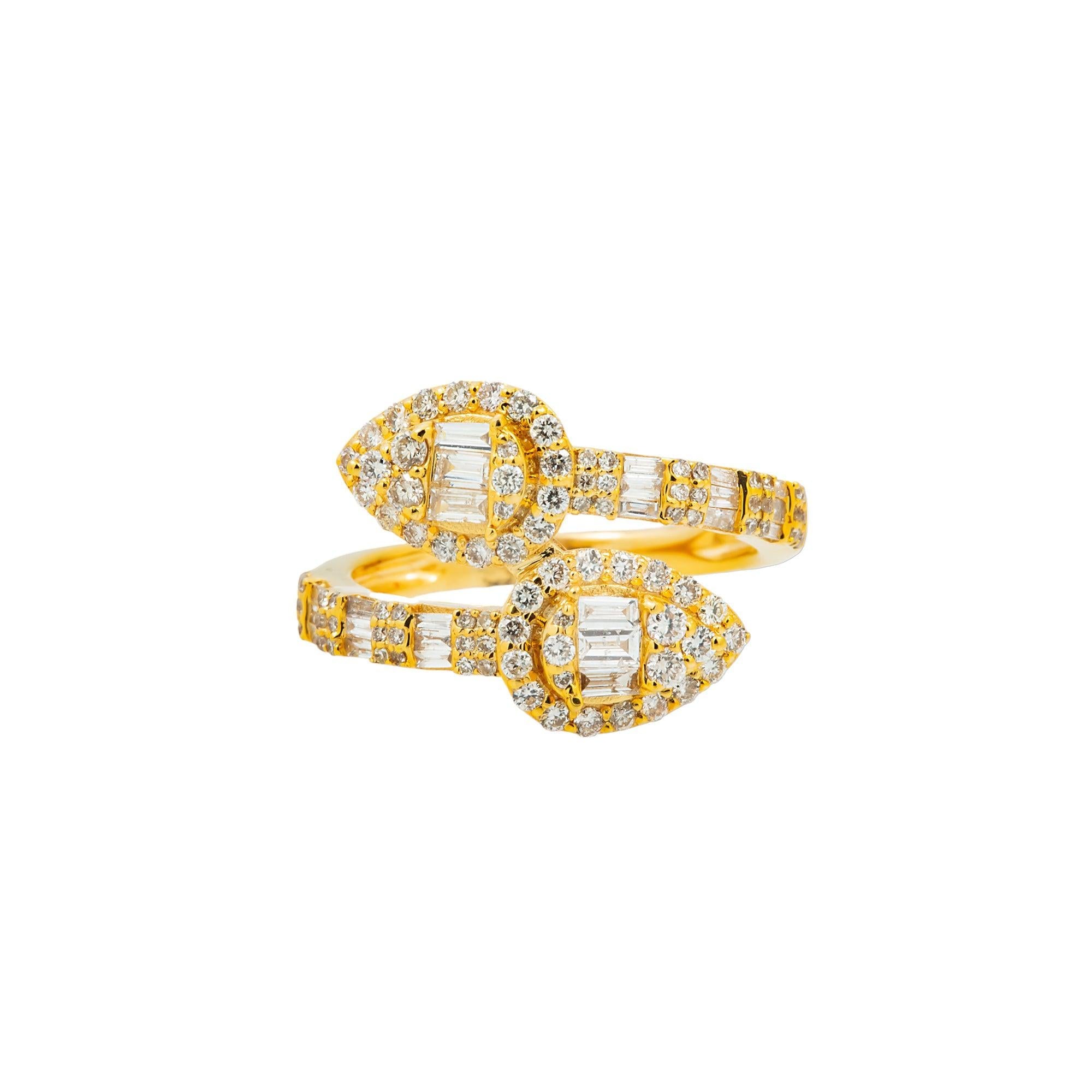 14K GOLD BAGUETTE AND ROUND DIAMOND DROP SHAPED WRAP RING 1.15 CT