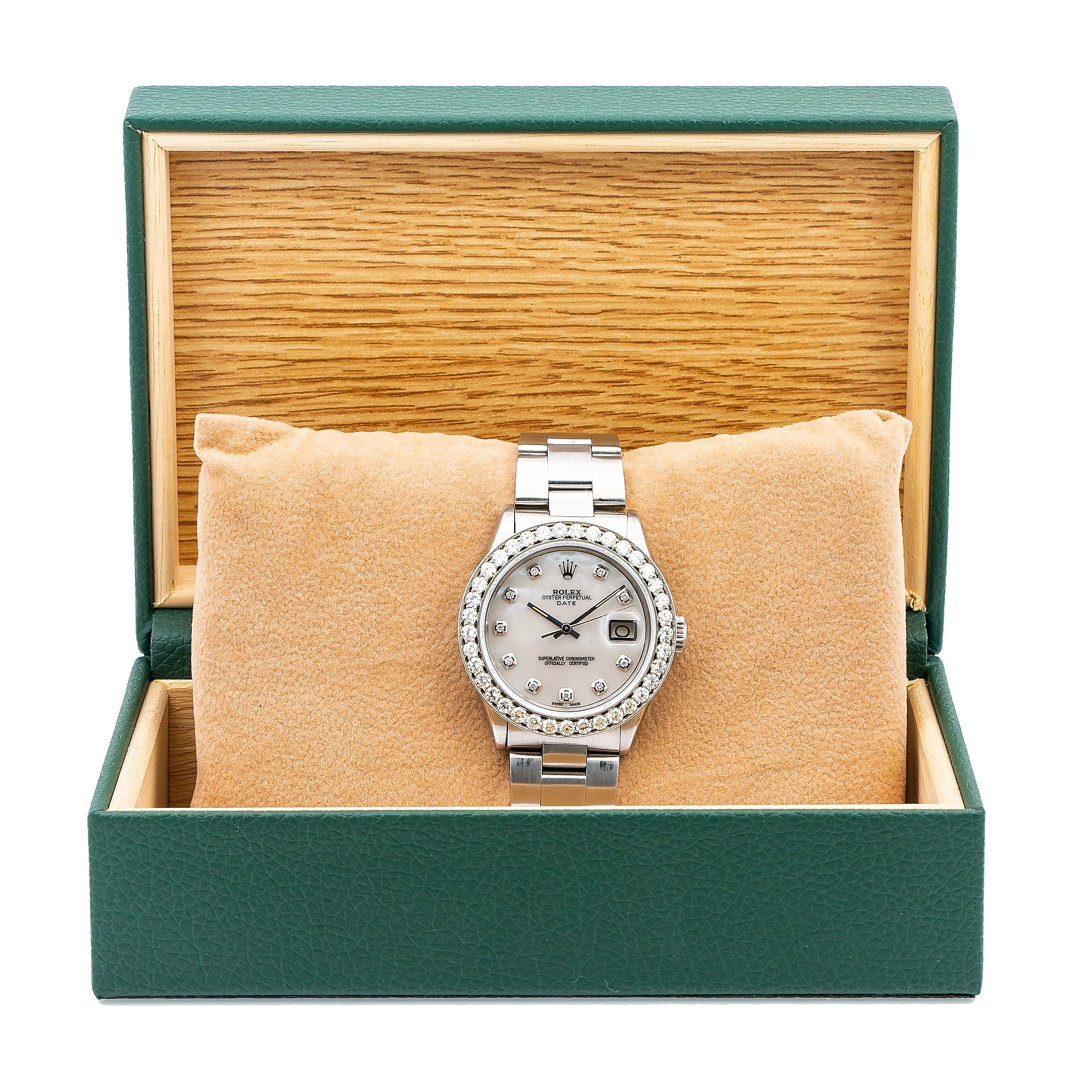 Rolex Oyster Perpetual Date 1500 34MM Mother of Pearl Diamond Dial & Bezel 1.15 CTW