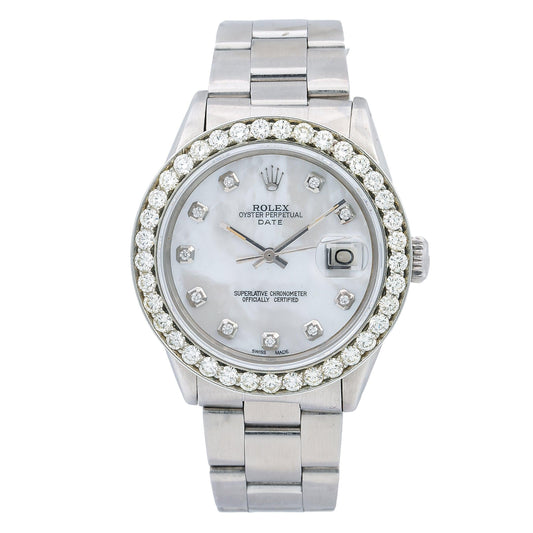 Rolex Oyster Perpetual Date 1500 34MM Mother of Pearl Diamond Dial & Bezel 1.15 CTW