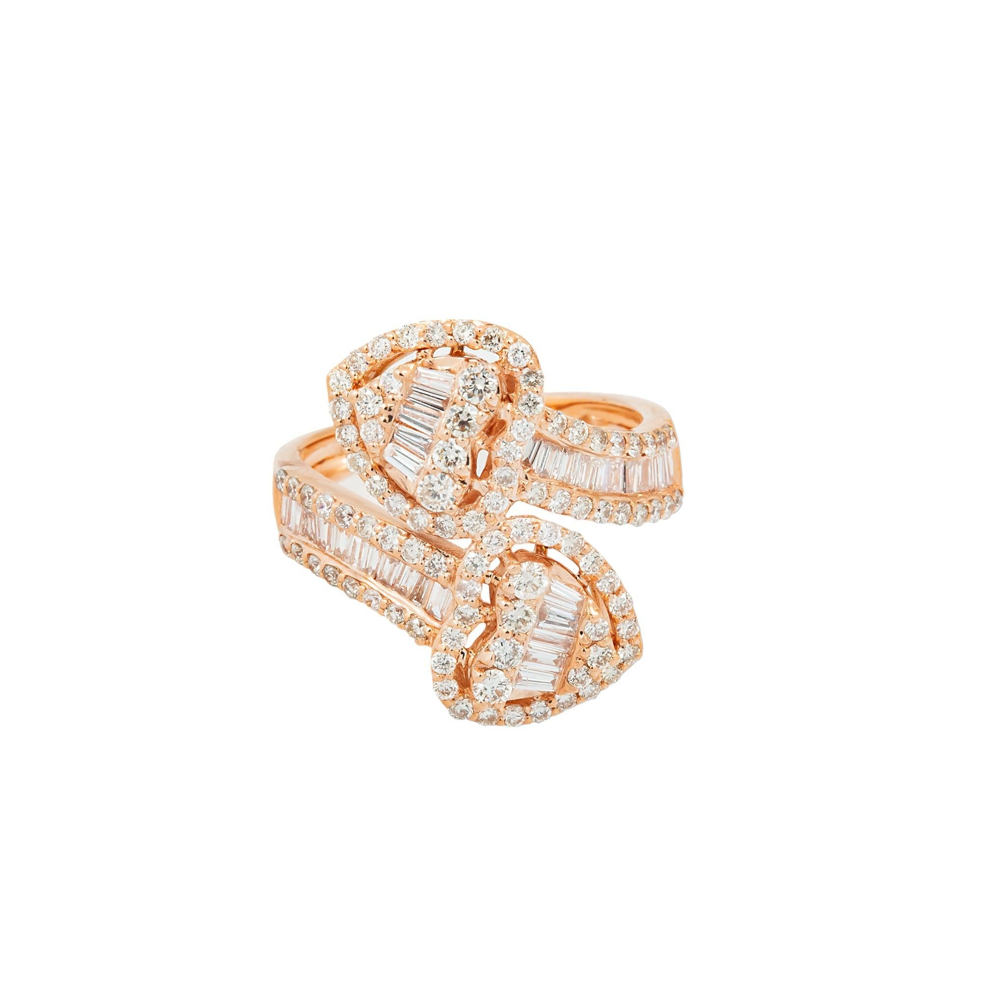 14K GOLD BAGUETTE AND ROUND DIAMOND HEART WRAP RING 1.70 CT